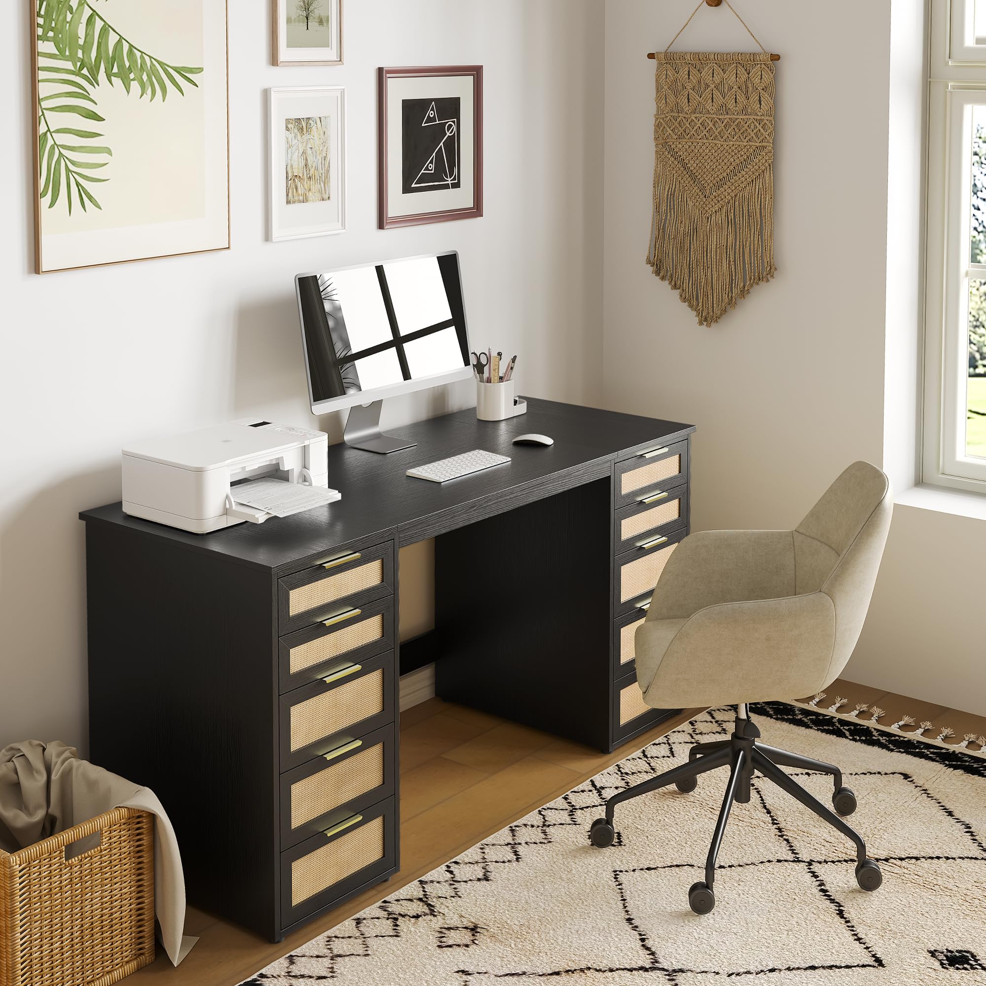 WOPITUES 60" Boho Home Office Desk with 10 Wooden Drawers, Rattan Computer Writing Desk with Power Outlets, Large Executive Desk with Storage Cabinet for Work Study Writing Craft, Black & Brown
