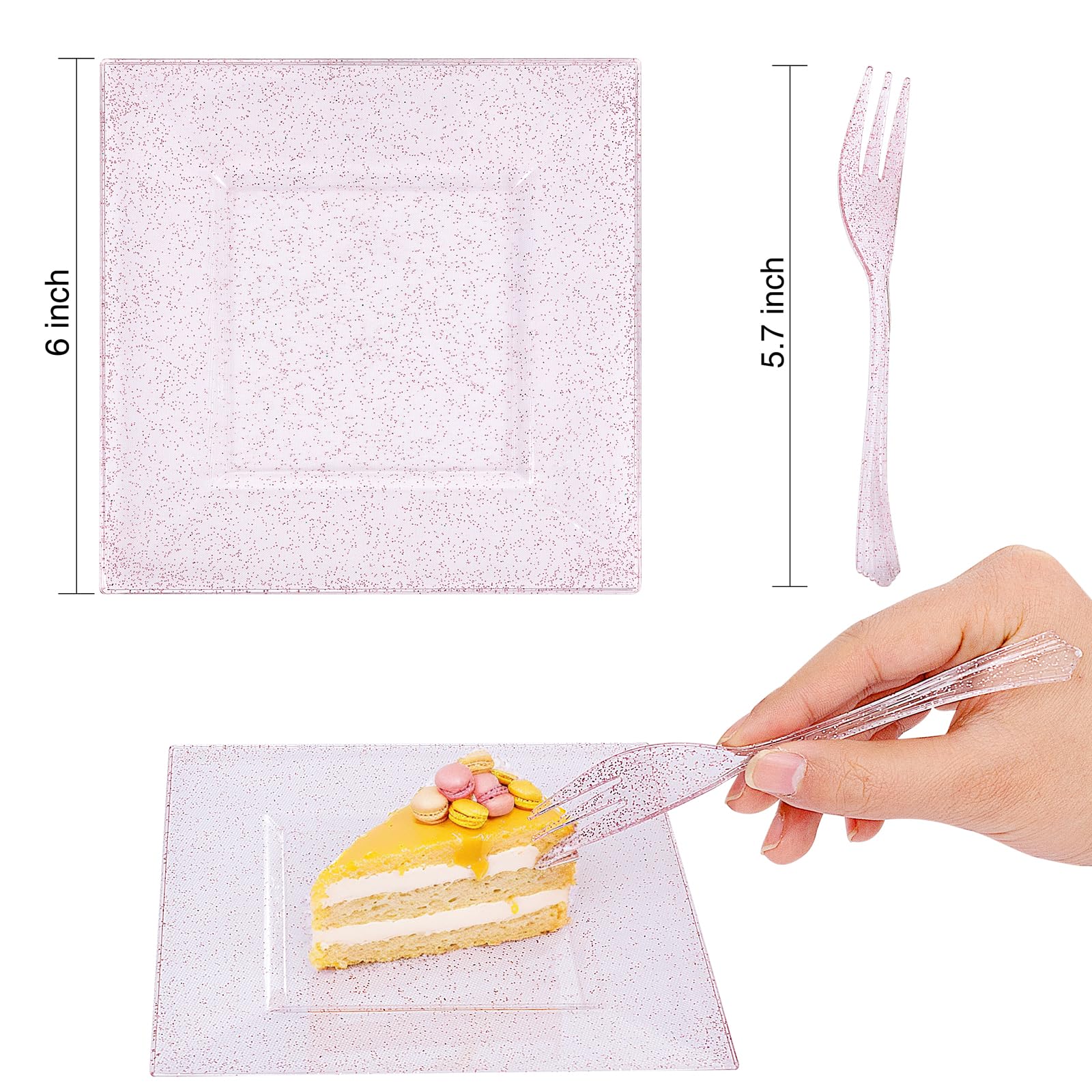 DaYammi 200Pcs Gold Dessert Plates Including 100Pcs Appetizer Plates 6",100Pcs Plastic Forks 5.7",Gold Glitter Plastic Square Plate for Party,Gold Salad Plate and Cake Forks for Party Wedding