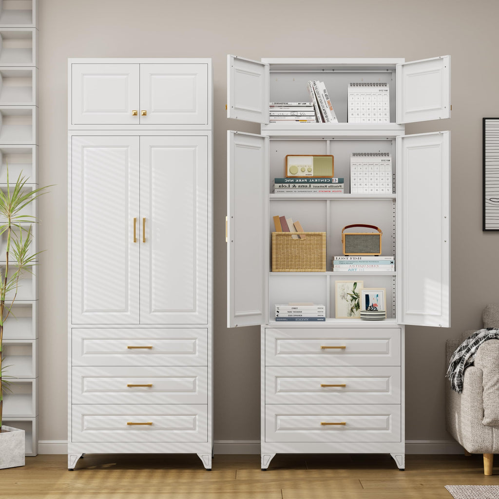 75" Tall Metal Kitchen Storage Cabinet,White Kitchen Pantry Storage Cabinet with Doors and 4 Adjustable Shelves,Utility Cabinet for Living Room,Garage,Dining Room and Office,Assemble Required