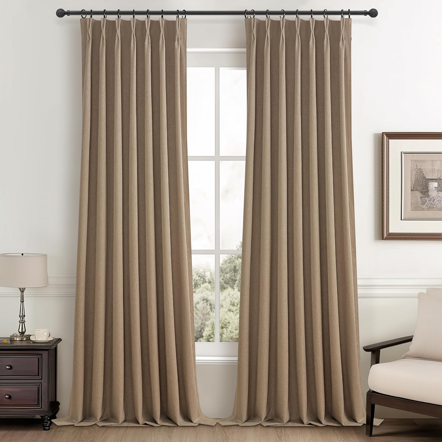 Natural Linen Pinch Pleated Blackout Curtains & Drapes 96 Inch Long Bedroom/Livingroom Farmhouse Curtains 2 Panel Sets, Neutral Track Room Darkening Thermal Insulated 8ft Back Tab Window Curtain