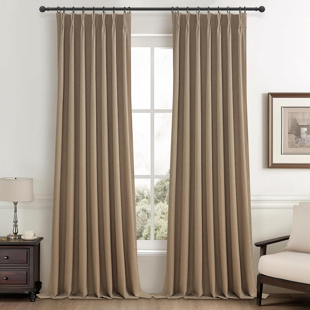 Natural Linen Pinch Pleated Blackout Curtains & Drapes 96 Inch Long Bedroom/Livingroom Farmhouse Curtains 2 Panel Sets, Neutral Track Room Darkening Thermal Insulated 8ft Back Tab Window Curtain