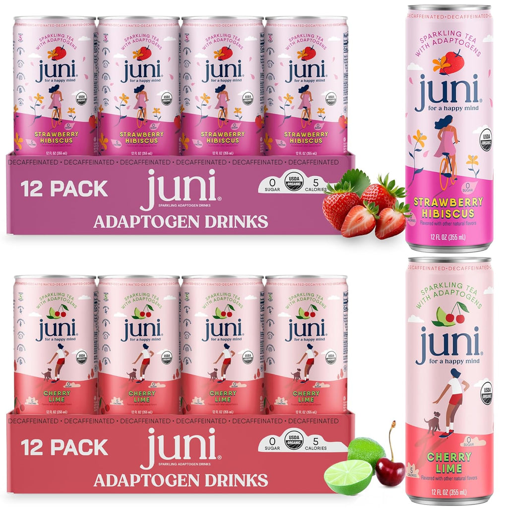 Juni Sparkling Adaptogen Drinks with Ashwagandha, Lion's Mane & Reishi Mushrooms, Non Alcoholic Mocktails, Decaffeinated Bundle, 24 Pack