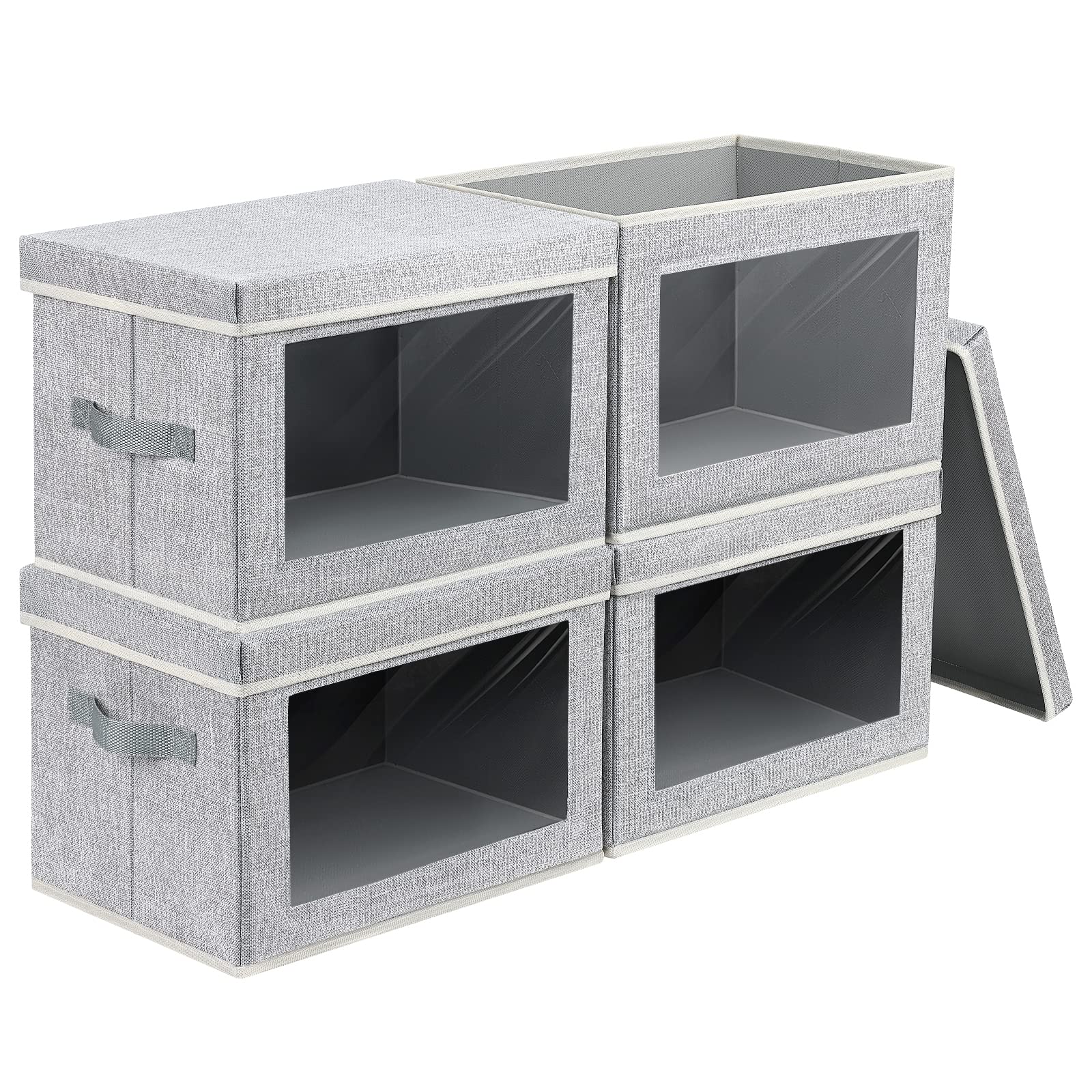 Homsorout Storage Bins with Lids - Fabric Storage Boxe with Window, Collapsible Closet Organizers with Handles, 3 Pack Decorative Bin, Home Cubes Baskets for Clothes, Hat, Books, Dark Grey