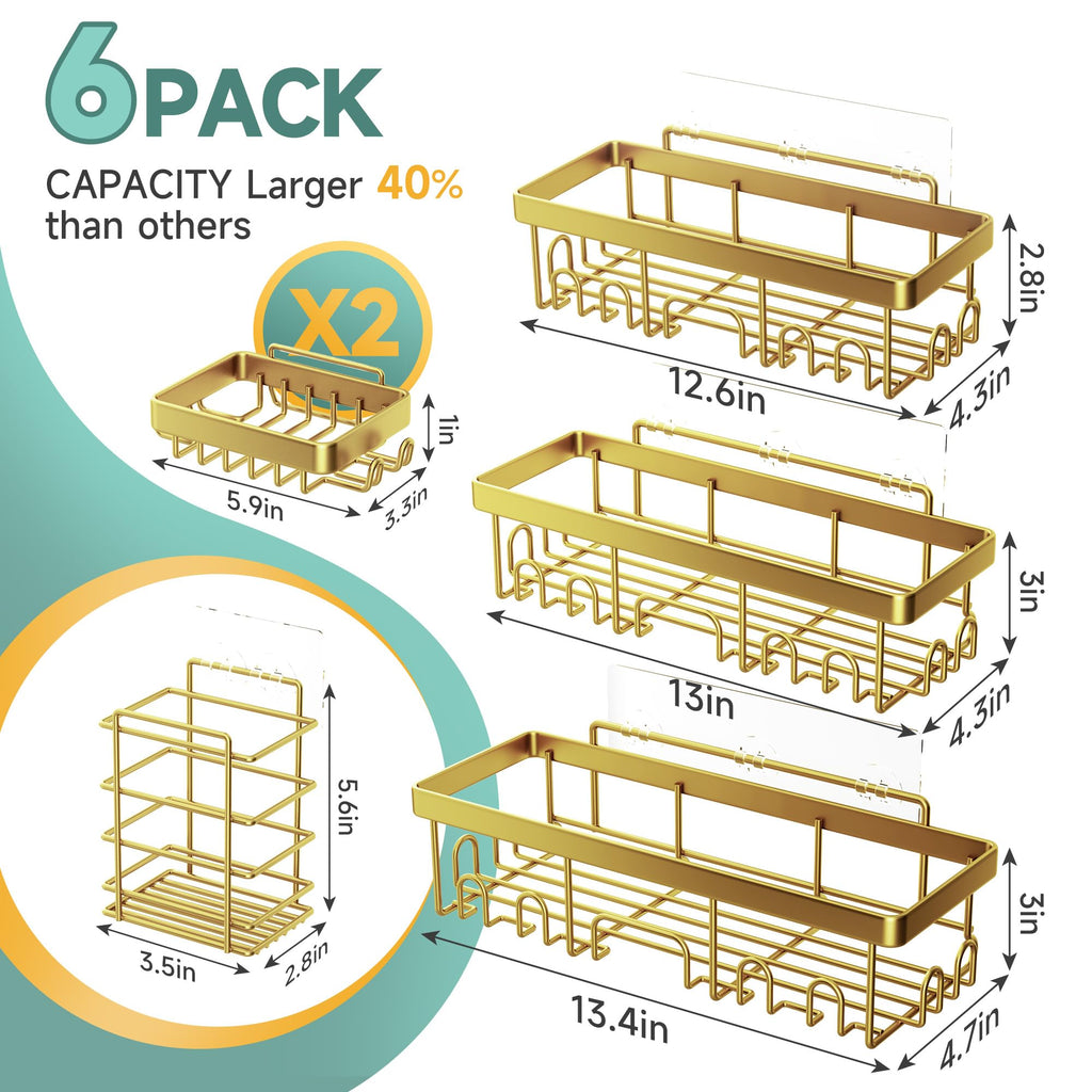 Veken Shower Caddy 6-Pack, Advanced Rustproof Design, No Drilling Adhesive Shelves, Rack with Soap Holder, Large Capacity Bathroom Organizers and Storage, Wall-Mounted Kitchen & Home Decor