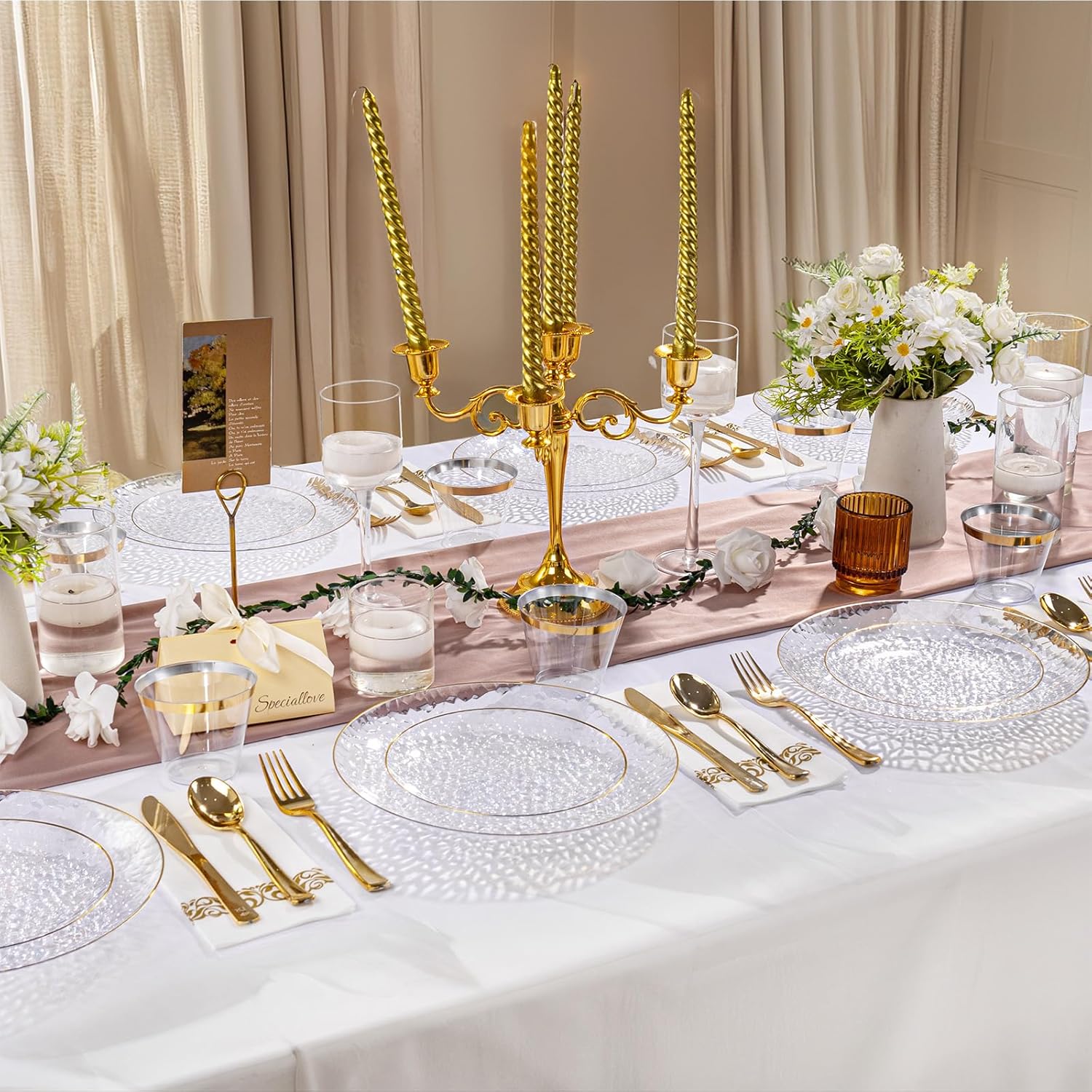 DaYammi 200Pcs Clear Plastic Plates,Clear Disposable Plates With Gold Rim,Heavy-duty Gold Plate,Hammered Party Plate Include 100 Dessert-Platos, 100 Dinner-Platos for Wedding, Party