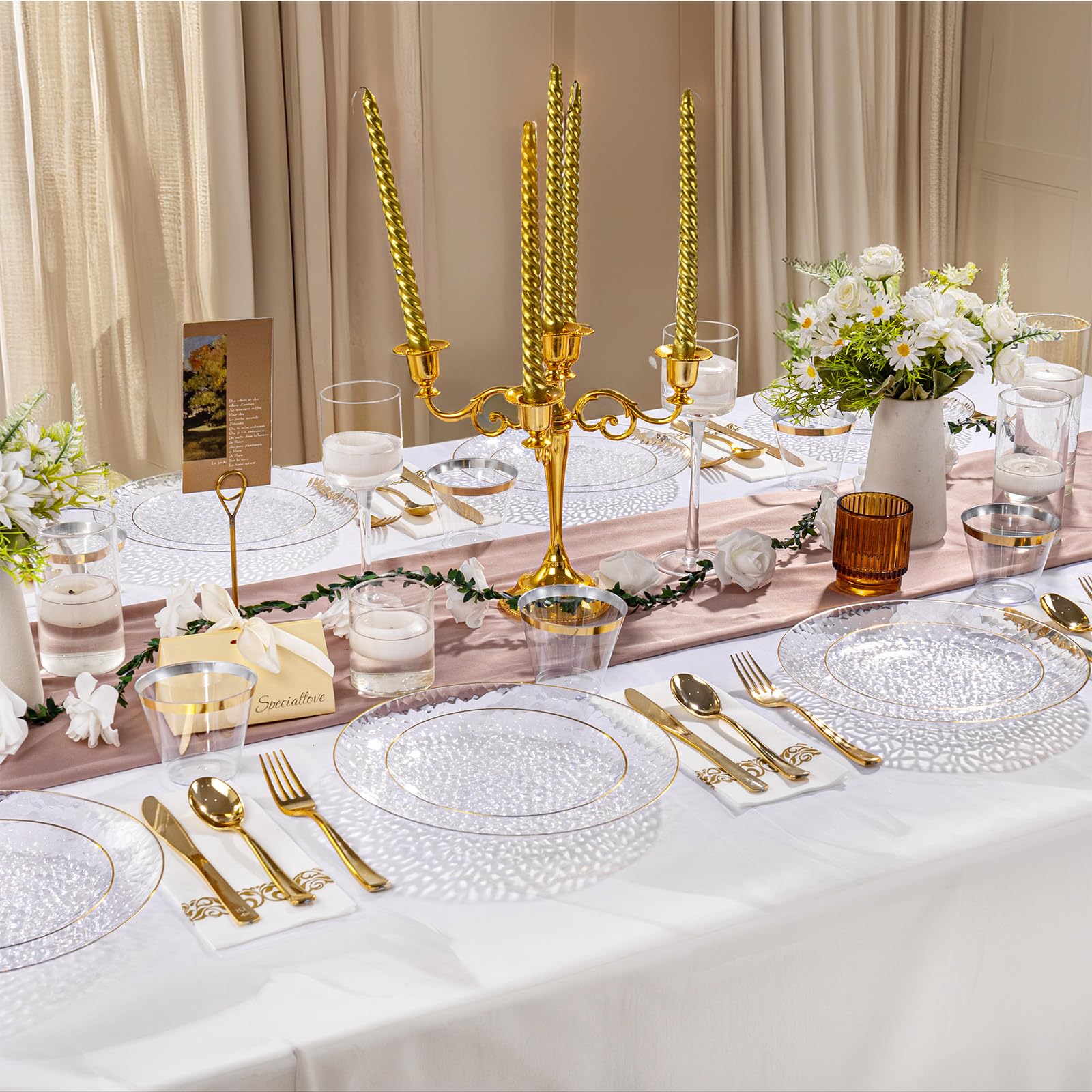 DaYammi 350PCS Clear Gold Plastic Dinnerware Set for 50 Guests, Hammered Disposable Plates for Party, Include: 50 Dinner Plates, 50 Dessert Plates, 150 Gold Silverware, 50 Napkins, 50 Cups