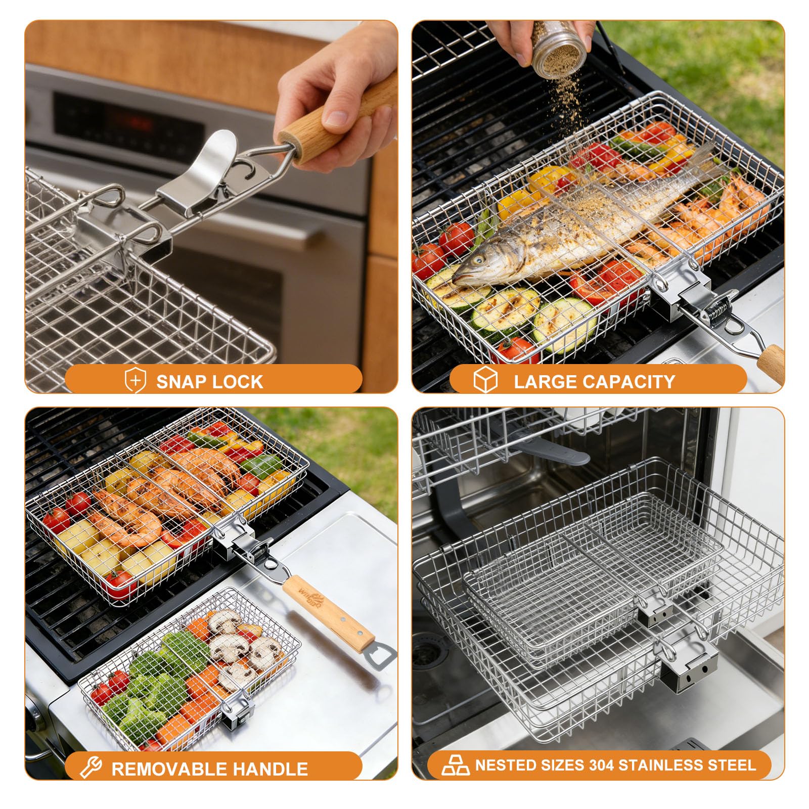 WILLBBQ Grill Basket Set for Camping Outdoor BBQ, Includes 2 Sizes, Removable Divider, Basting Brush, Folding Portable Wooden Handles, Stainless Steel Fish Grilling Veggie Meat Baskets(Stainless Steel Color)