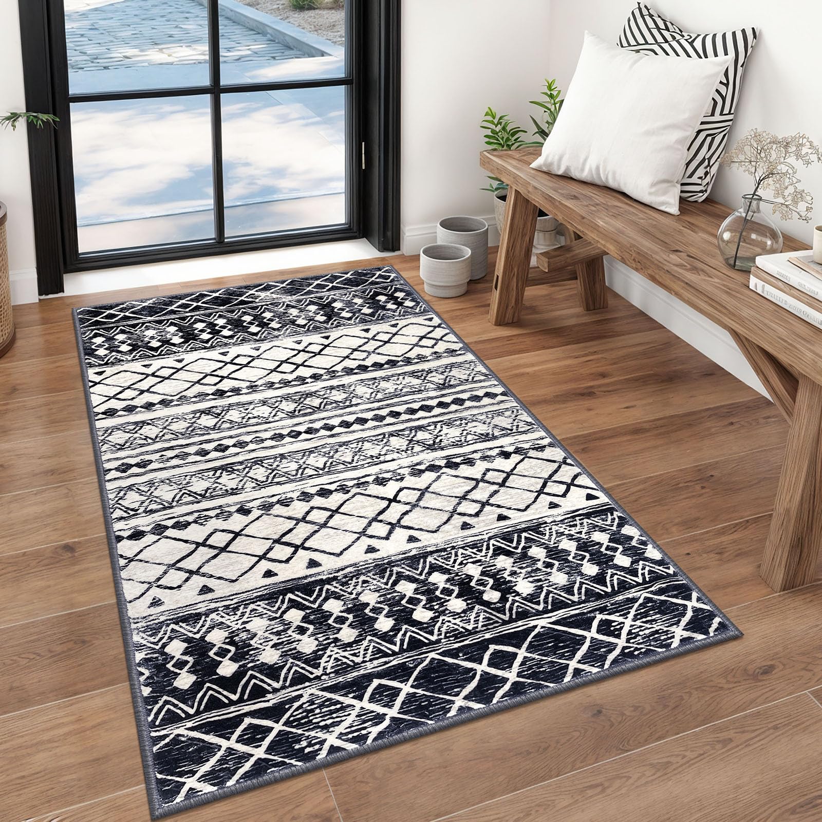 KUTA Washable Non-Slip Rugs for Entryway 2x3, Grey Moroccan Boho Small Area Rug, Ultra Soft Vintage Geometric Low-Pile Indoor Door Mat Floor Carpet for Indoor, Entrance, Kitchen, Bathroom, Bedroom