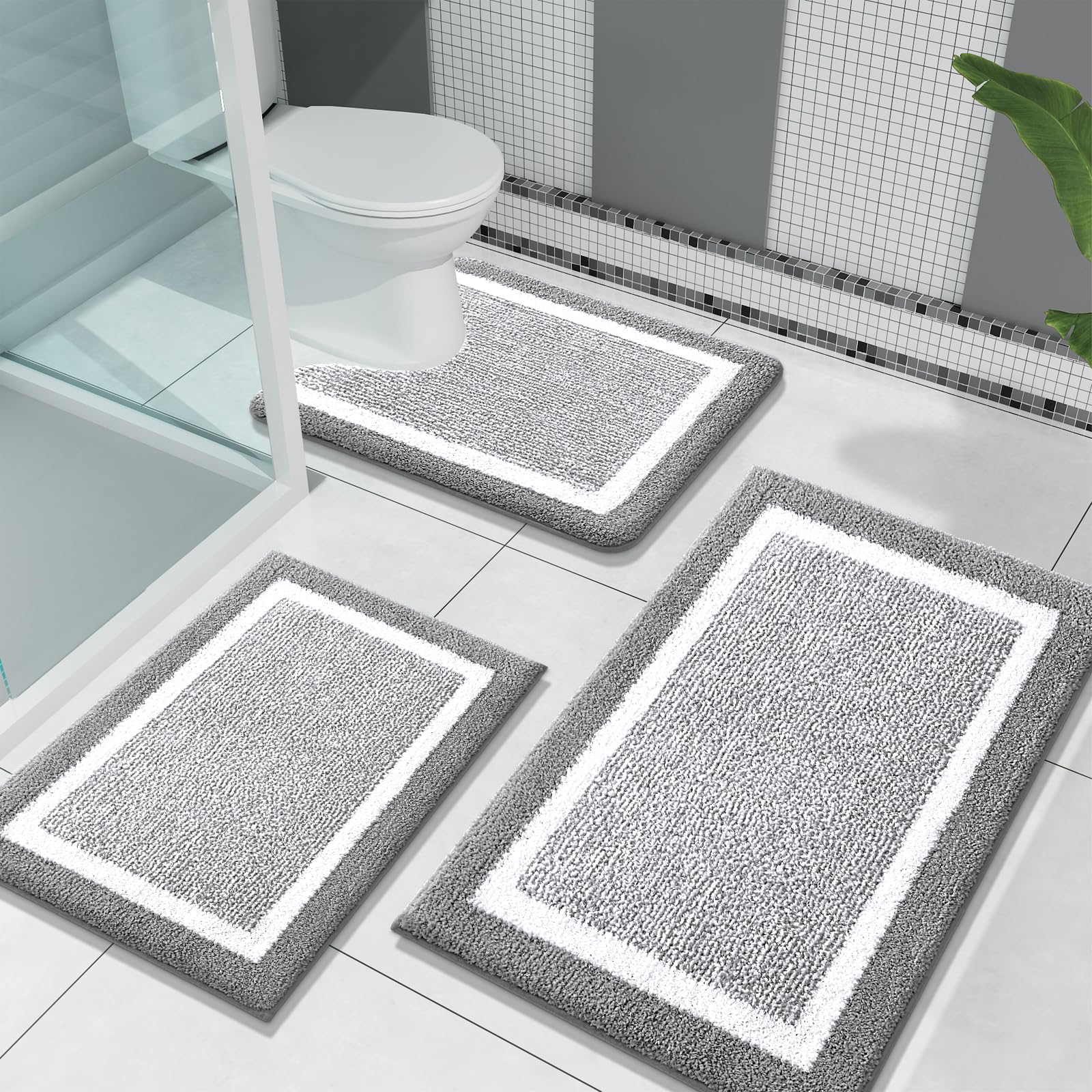 OLANLY Bathroom Rugs Sets 3 Piece, Soft Absorbent Microfiber Bath Mats and U-Shaped Contour Toilet Rug, Home Decor Accessories, Non-Slip, Bath Mat Set for Bathroom (30"x20"+24"x16"+24"x20", Grey)