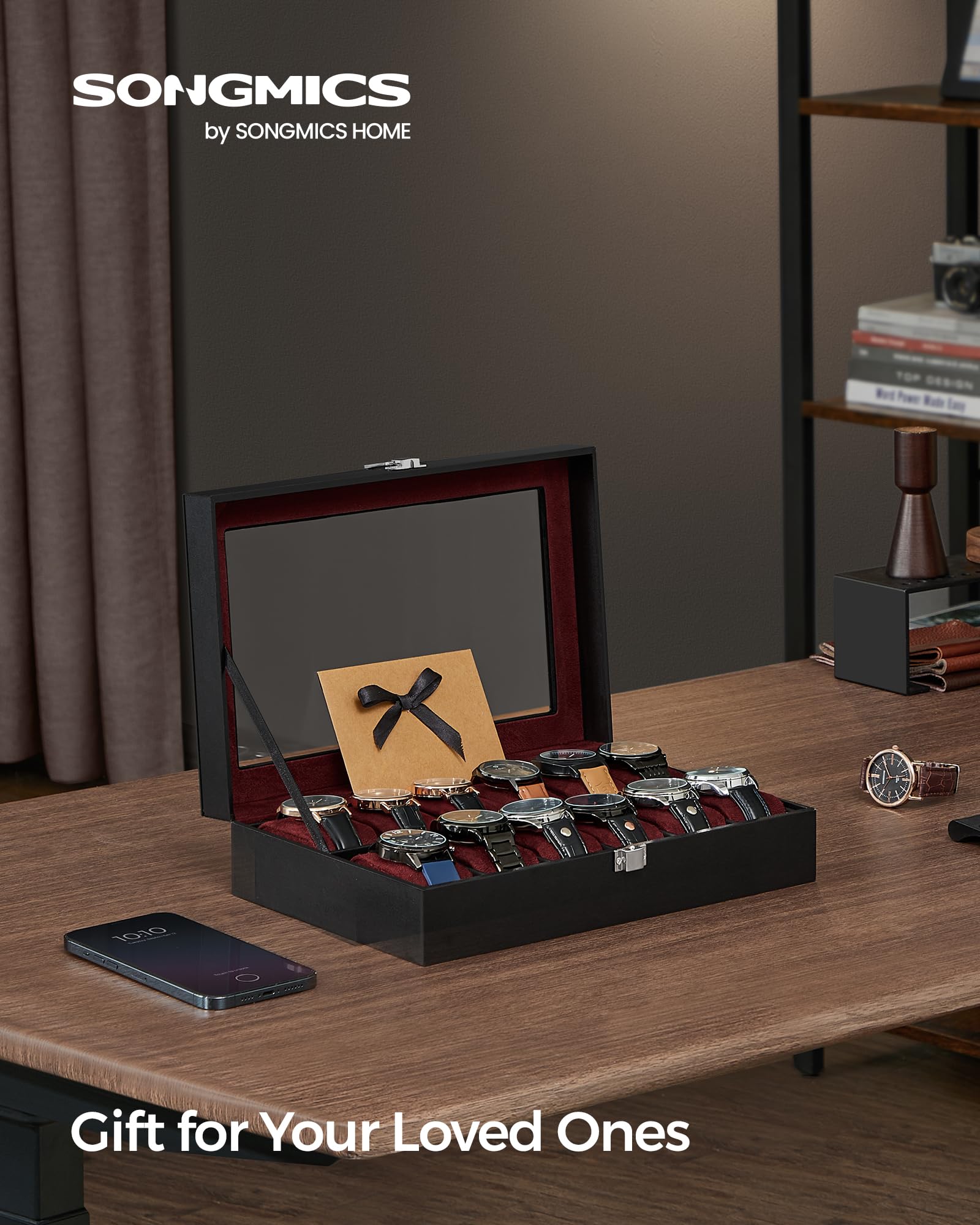 SONGMICS Watch Box, 12-Slot Watch Case Organizer with Large Glass Lid, Removable Pillows, Gift for Loved Ones, Black Synthetic Leather, Gray Lining UJWB12BK