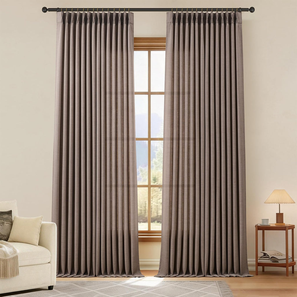 Pinch Pleated Linen Curtains 96 Inches Extra Long Olive Green Drapes, Thick Linen Light Filtering Memory Trained Pleat Curtain for Living Room and Bedroom Privacy 2 Panels Texture with Back Tab