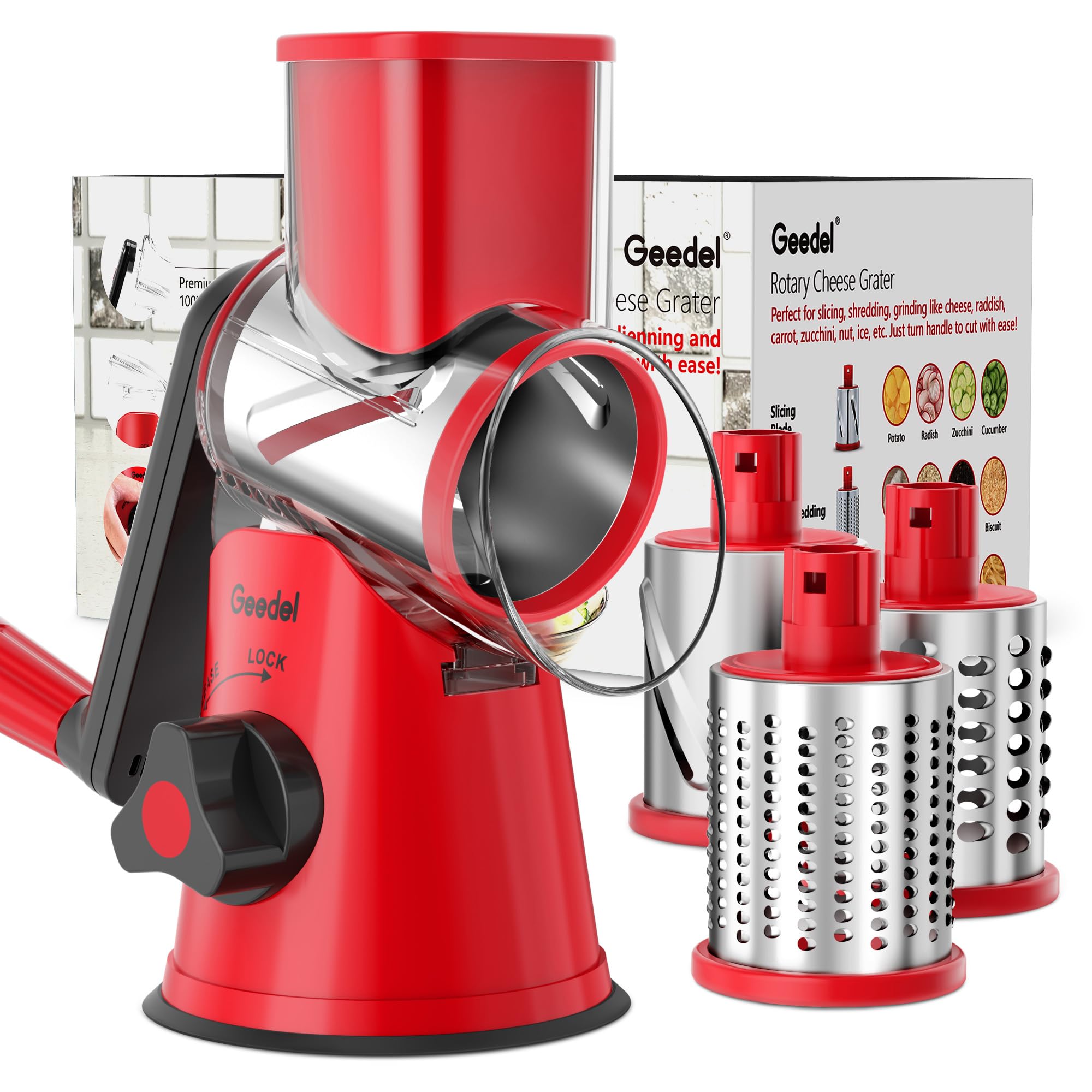 Geedel Rotary Cheese Grater, Kitchen Mandoline Vegetable Slicer with 3 Interchangeable Blades, Easy to Clean Rotary Grater Slicer for Fruit, Vegetables, Nuts