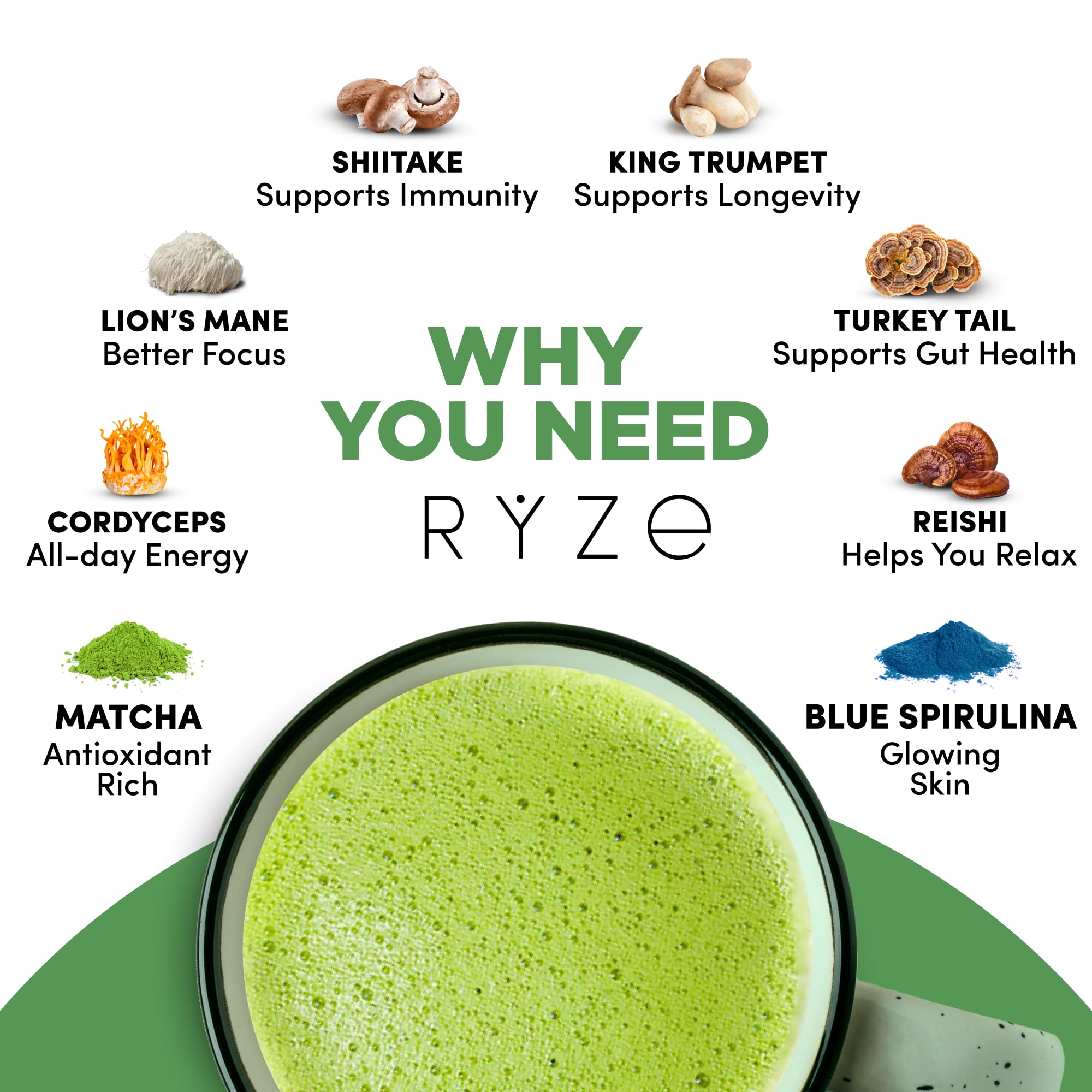 RYZE SUPERFOODS Mushroom Matcha Starter Kit, USDA Organic with 6 Adaptogenic Mushrooms and Ceremonial-Grade Matcha, Energy, Focus, Digestion, Immunity with Turkey Tail, Shiitake, Reishi (Matcha (Pack of 1))