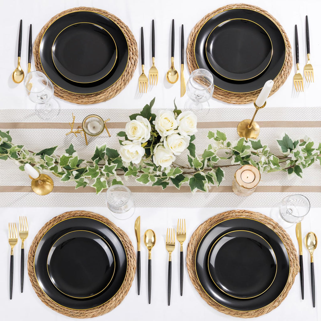 DaYammi 150Pcs Gold Plastic Plates with Disposable Silverware,White Gold Disposable Dinnerware Set - 30 Dinner Plate,30 Dessert Plate,90 Gold Cutlery with White Handles,Fancy Plates for Party Wedding