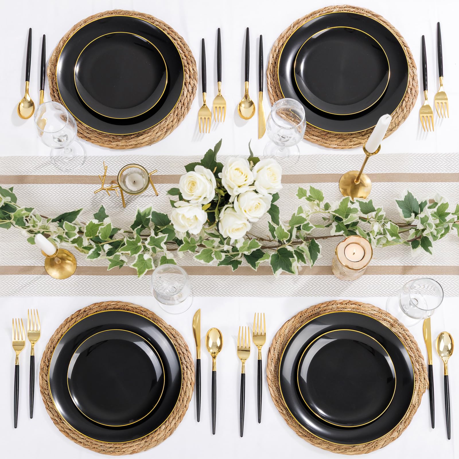 DaYammi 150Pcs Gold Plastic Plates with Disposable Silverware,White Gold Disposable Dinnerware Set - 30 Dinner Plate,30 Dessert Plate,90 Gold Cutlery with White Handles,Fancy Plates for Party Wedding