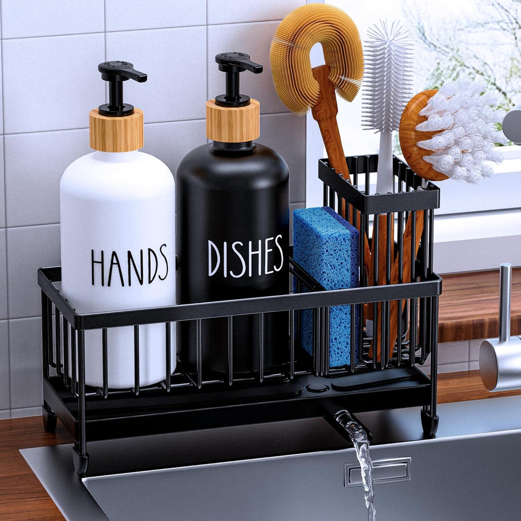 Cisily Kitchen Soap Dispenser Set with Sink Caddy, 17 Oz Glass Bottle, Hand and Dish Soap Dispenser Set with Sponge Holder, Black Stainless Steel Rustic Kitchen Countertop Sink Organizer Accessories