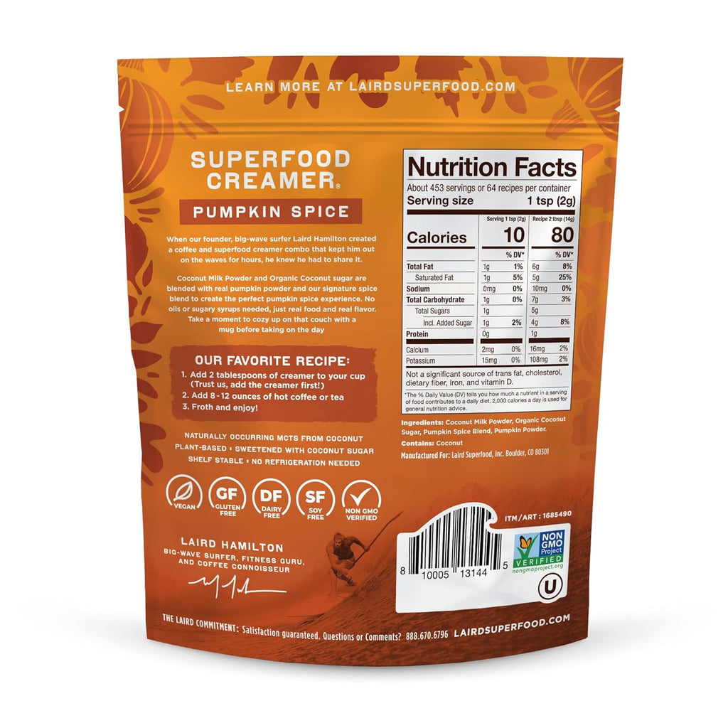 Laird Superfood Non-Dairy Coconut Powder Creamer - Sweet & Creamy + Adaptogens - Superfood Creamer with Functional Mushrooms - Non-GMO, Vegan, 8 oz. Bag, Pack of 1