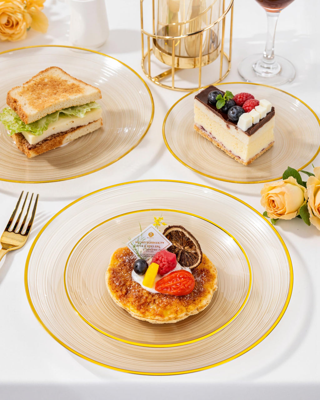 Morejoy 60Pcs Brown Plastic Plates,Brown Disposable Plates With Gold Rim, Gold Party Dinnerware Set Include 30 Dessert plates,30 Dinner plates for Party & Wedding