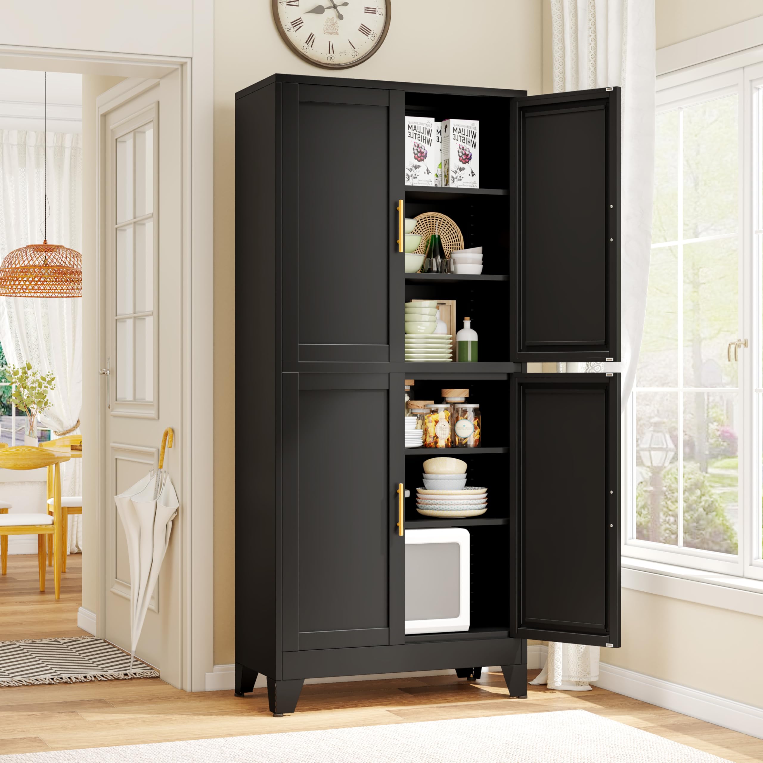 GAIOUS Metal Pantry Cabinet, Kitchen Pantry Storage Cabinets with 2 Door and 3 Adjustable Shelves, White Kitchen Pantry Cabinet, Freestanding Cupboard for Dining Room Living Room Bathroom