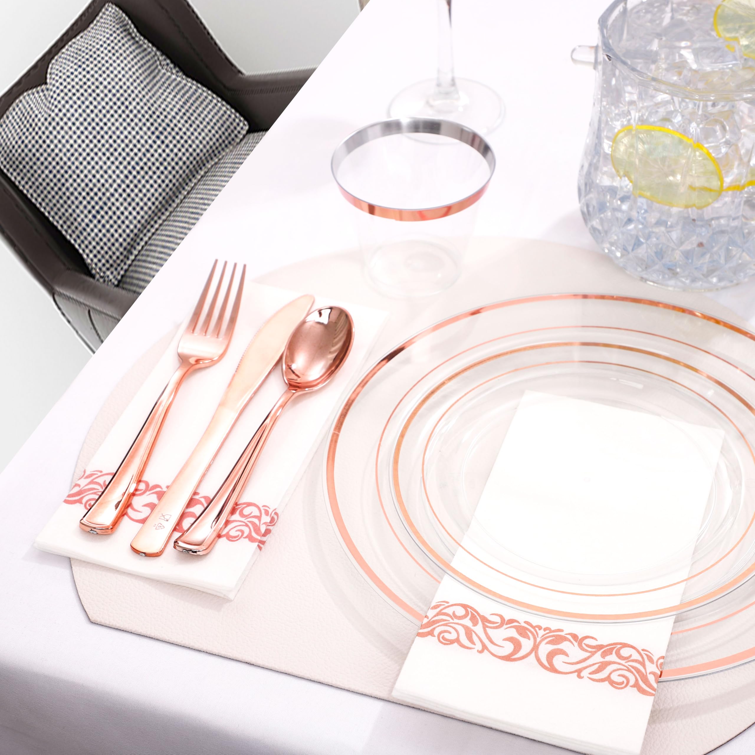 DaYammi 350PCS Gold Plastic Dinnerware Set for 50 Guests, Fancy Disposable Plates for Party, Include: 50 Dinner Plates, 50 Dessert Plates, 50 Pre Rolled Napkins with Gold Silverware, 50 Cups