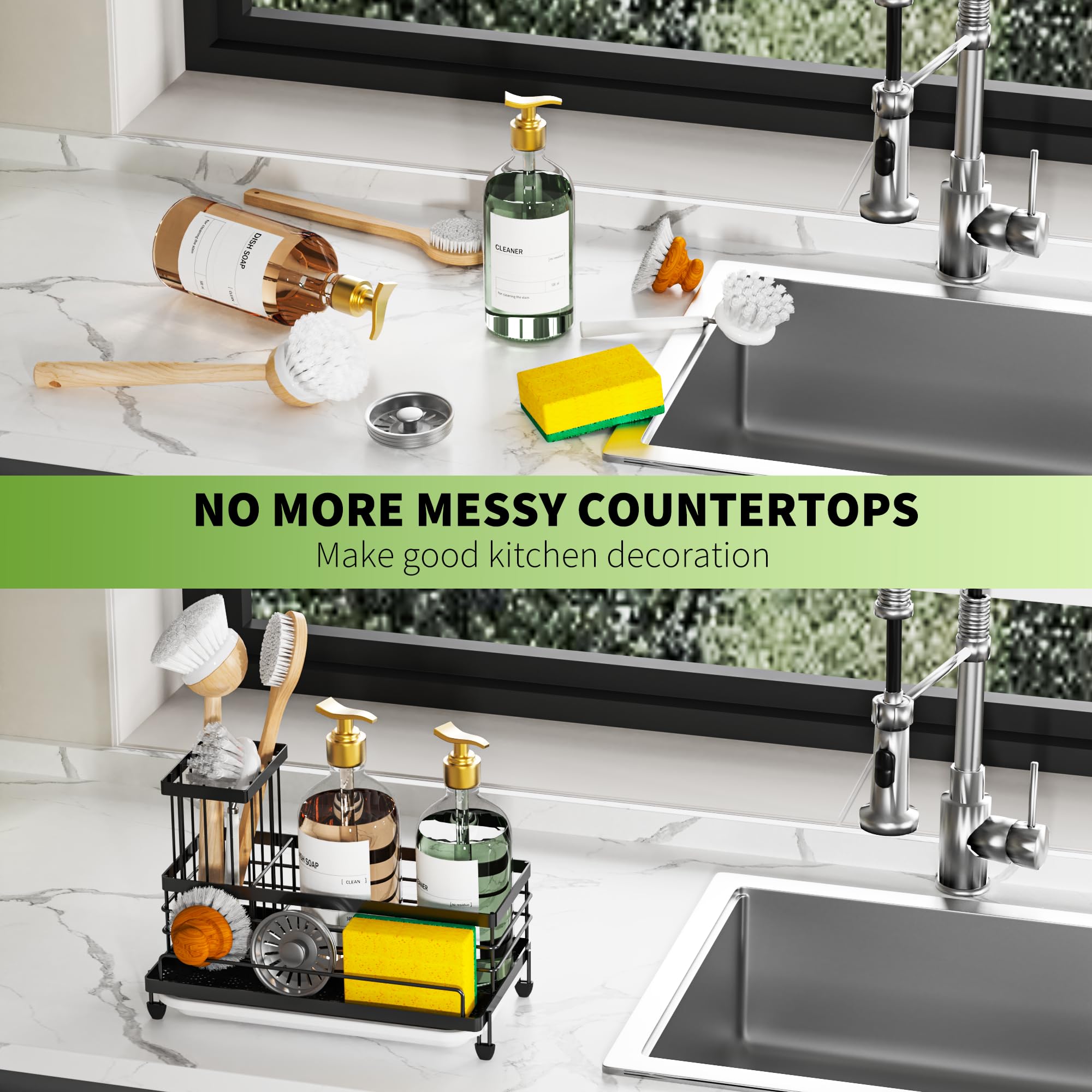Cisily Large Capacity Kitchen Sink Caddy Organizer, Rustproof Non-Slip Sponge Holder With Dish Brush Holder Organizer, Kitchen Organization and Storage, Essentials Accessories for Countertop