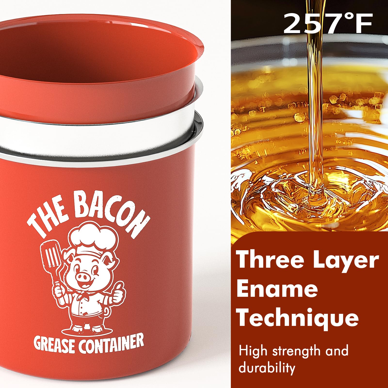 PGYARD Mini Bacon Grease Saver With Strainer - 15OZ Enamel Grease Container, Farmhouse Bacon Grease Keeper For Kitchen Fat Storage, Dishwasher Safe-Red