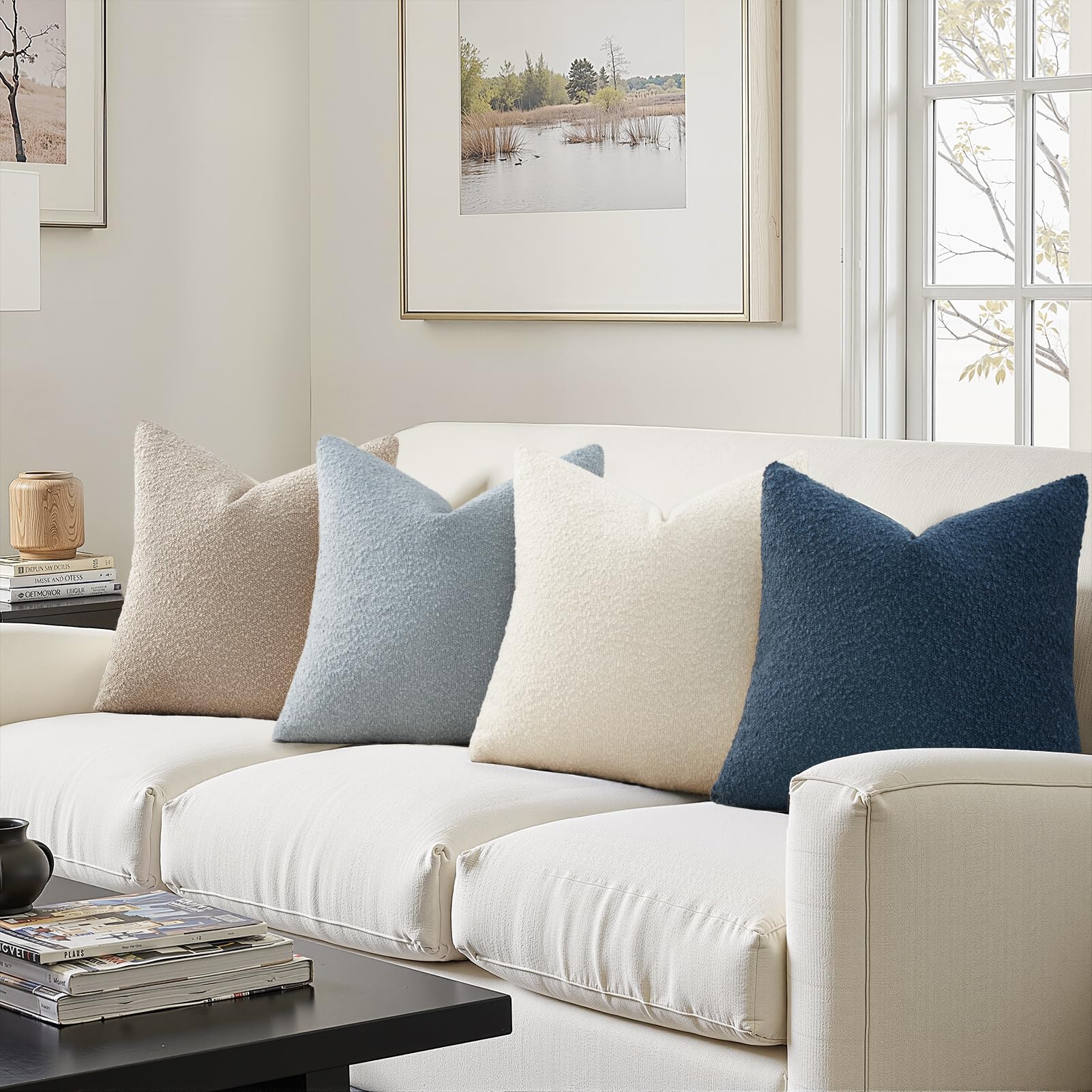 Topfinel Boucle Decorative Pillow Covers 18x18 Inches Set of 4 Neutral Cream Ivory White Pillowcase with Linen Cotton Back Chair Sofa Modern & Minimal Living Room Spring Home Decor