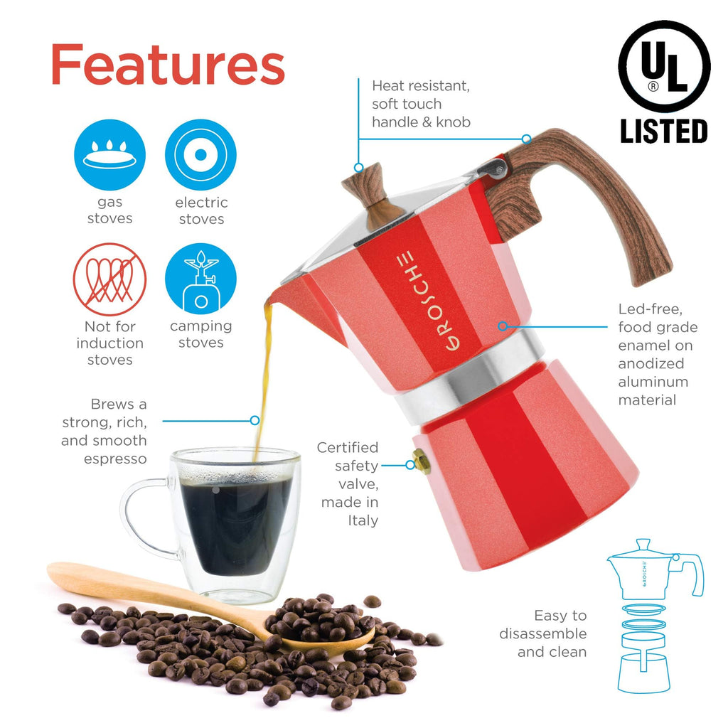 GROSCHE Milano Moka pot, Stovetop Espresso maker, Greca Coffee Maker, Stovetop coffee maker and espresso maker percolator (Grey, 6 cup)