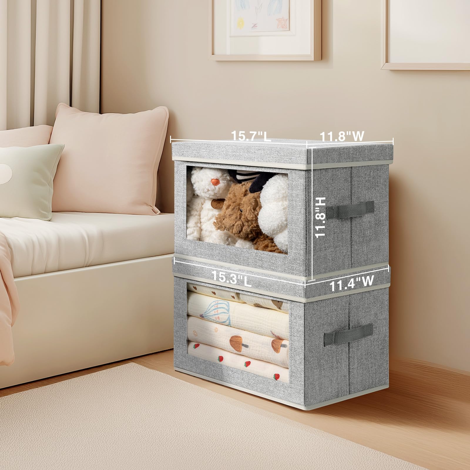 Homsorout Storage Bins with Lids - Fabric Closet Storage Bins with Window, Collapsible Baskets for Shelves 4 Pack, Home Decorative Boxes for Clothes, Closet, Office, Grey