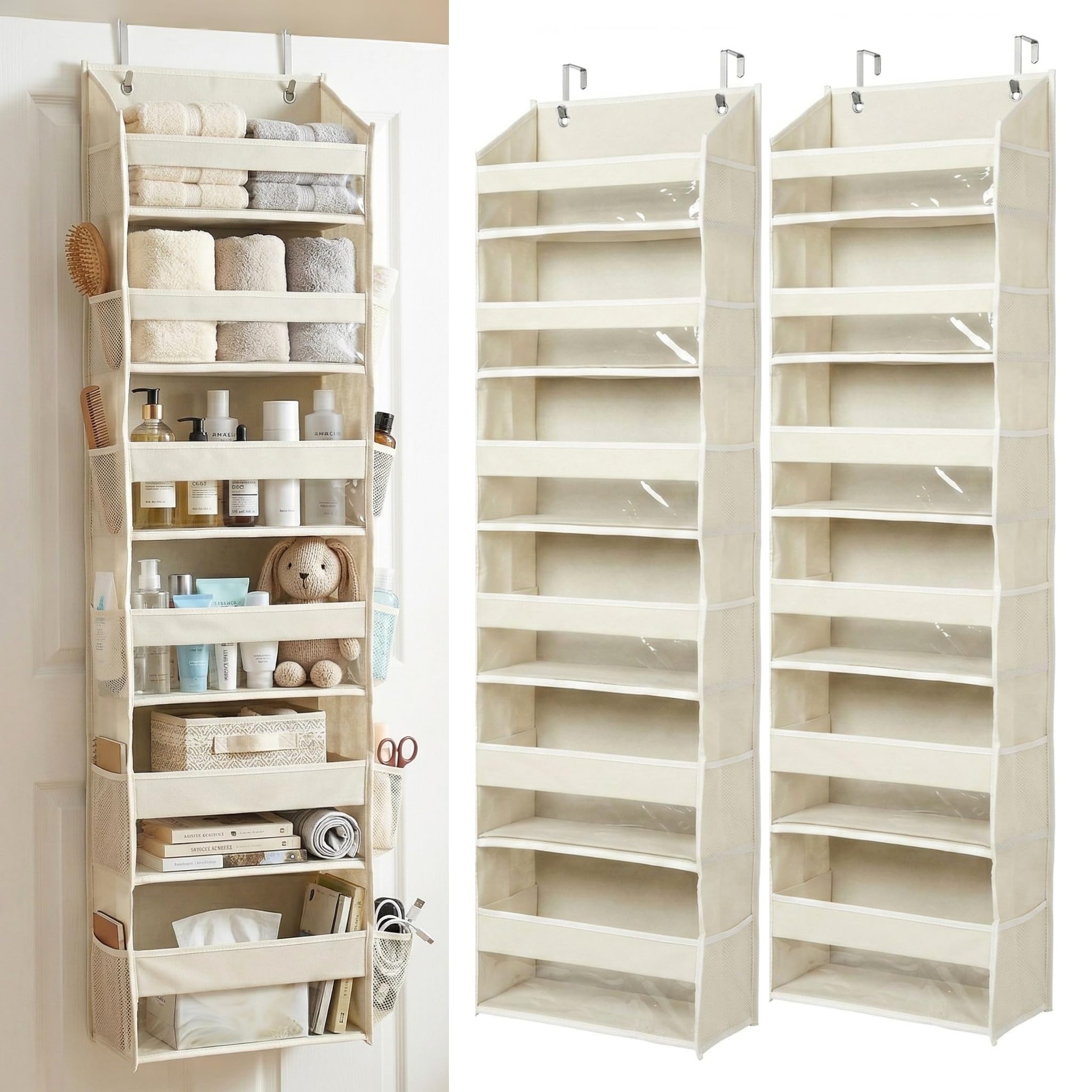 HOMELUX THEORY UPGRADED 6 Tiers Over The Door Organizer Hanging - 100D EXTRA THICK & 50lbs HUGE CAPACITY, 12 Side Mesh Pockets Over The Door Shoe Organizer, Hanging Closet Organizer (Ivory, 1pc)