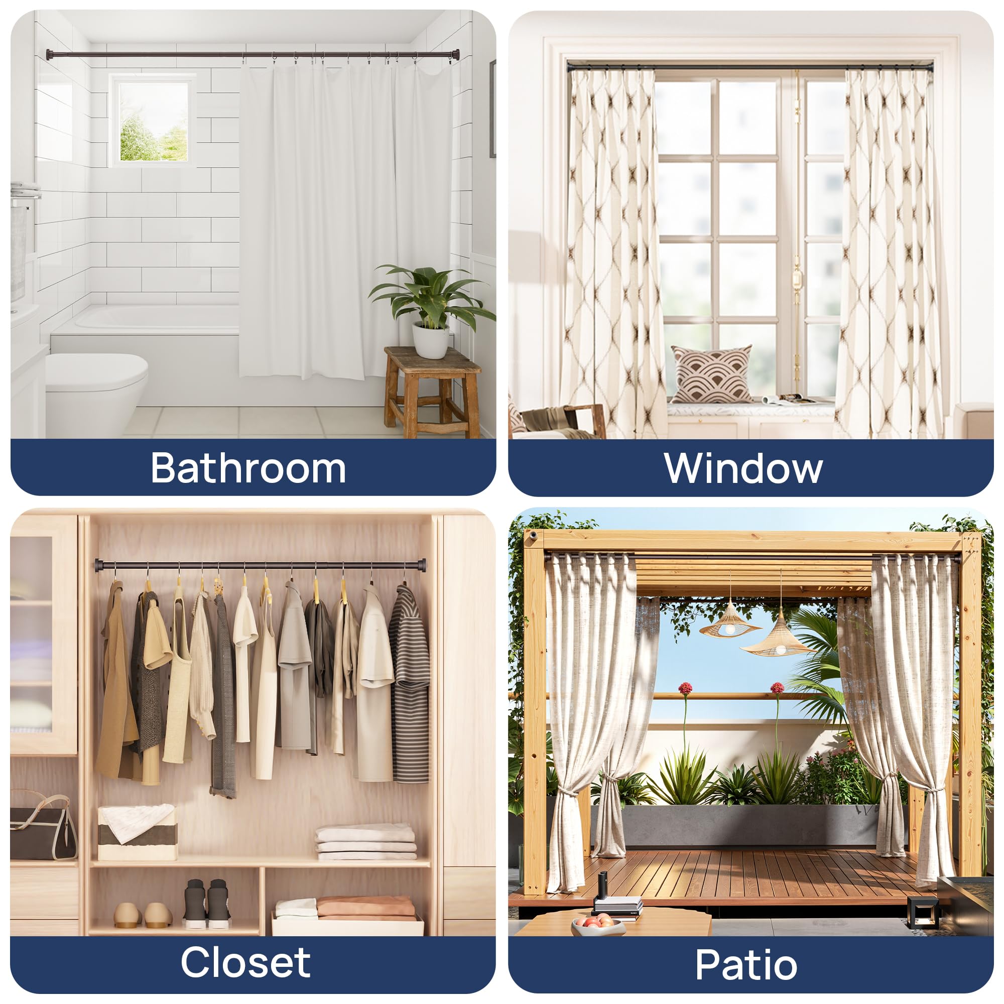 ENJOYBASICS 2 Pack Adjustable Spring Tension Curtain Rods 32 to 66 Inches, Stainless Steel Matte Black Shower Rod No Drilling for Window, Bathroom, Closet, Room Divider, 7/8" Diameter