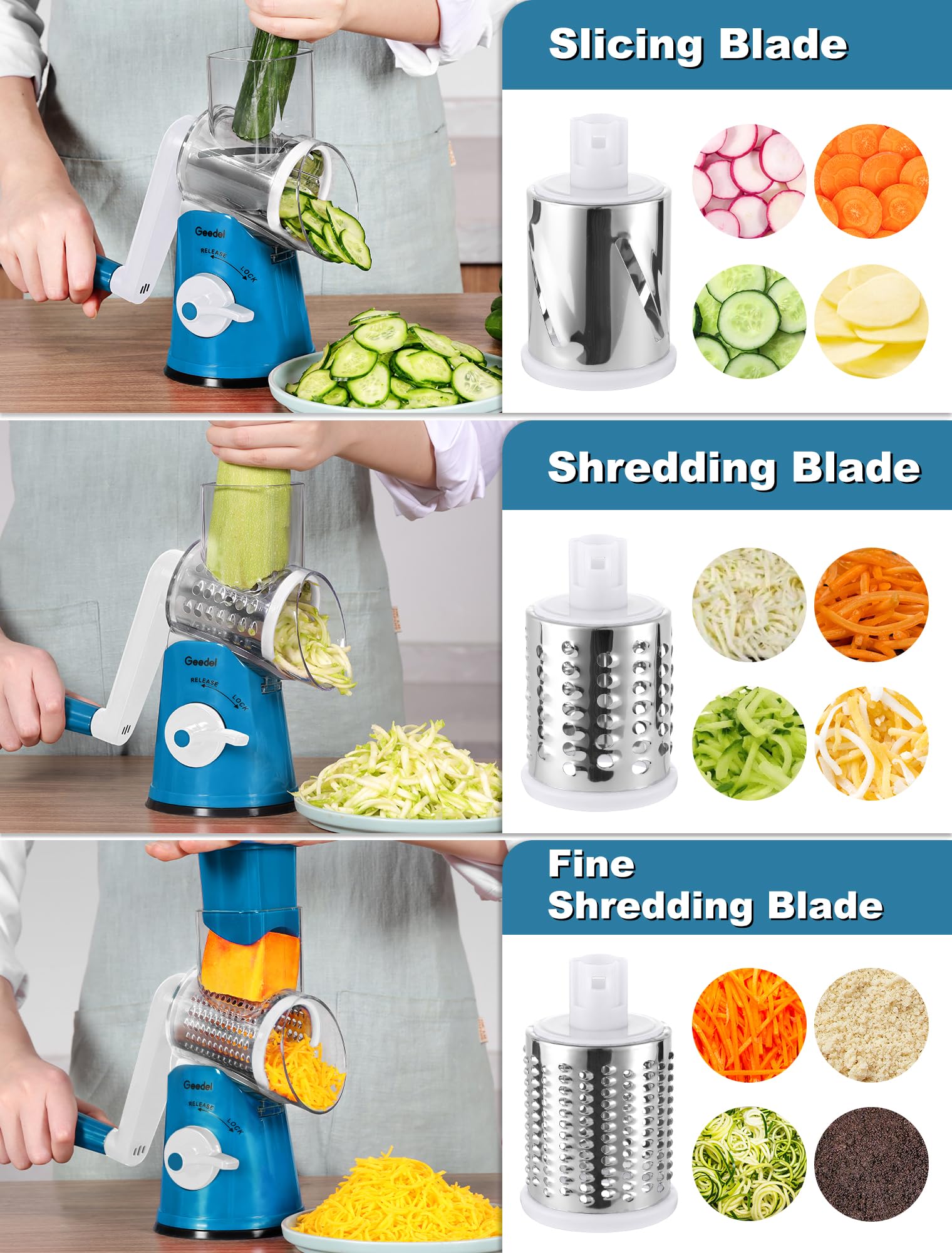 Geedel Rotary Cheese Grater, Kitchen Mandoline Vegetable Slicer with 3 Interchangeable Blades, Easy to Clean Rotary Grater Slicer for Fruit, Vegetables, Nuts