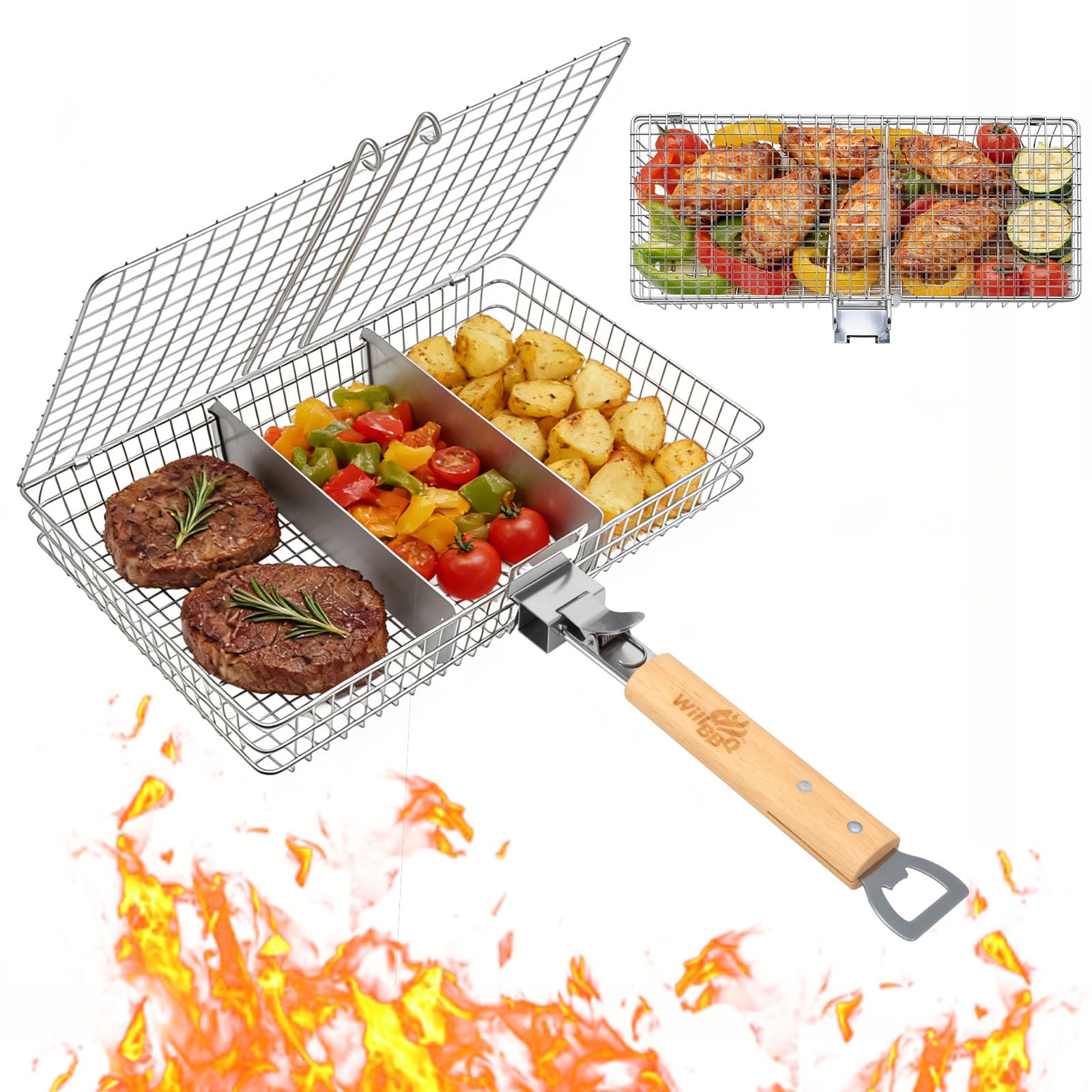 WILLBBQ Grill Basket Set for Camping Outdoor BBQ, Includes 2 Sizes, Removable Divider, Basting Brush, Folding Portable Wooden Handles, Stainless Steel Fish Grilling Veggie Meat Baskets(Stainless Steel Color)