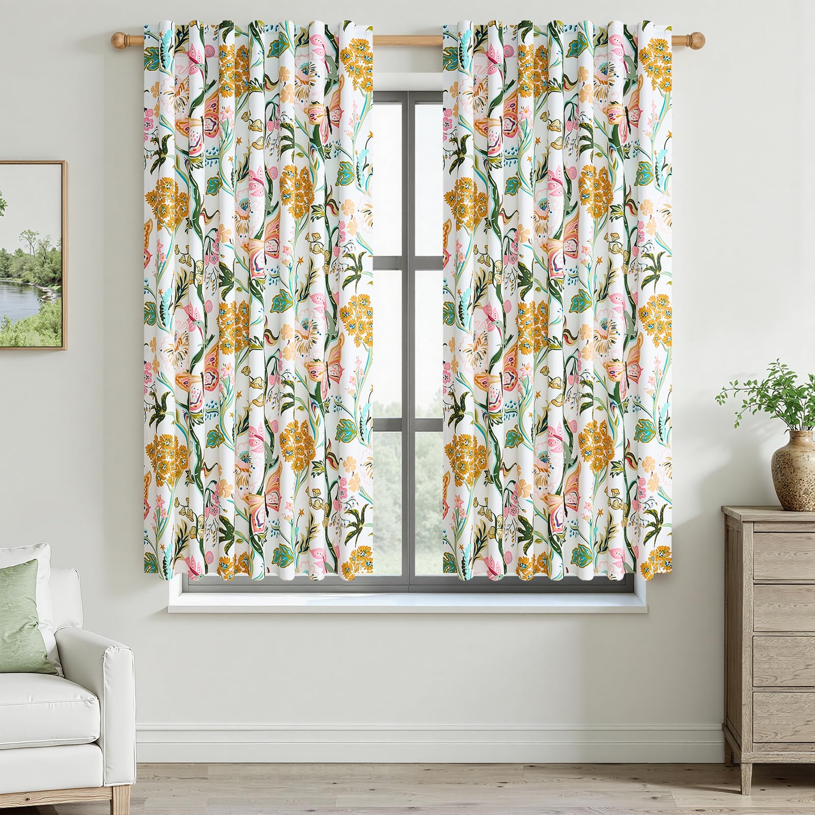 Topfinel Mustard Yellow Curtains 84 Inches Long 2 Panels for Bedroom Living Room Daffodil Butterfly Country Tropical Floral Drapes Vintage Farmhouse Light Filtering Privacy Window Curtain Blackout