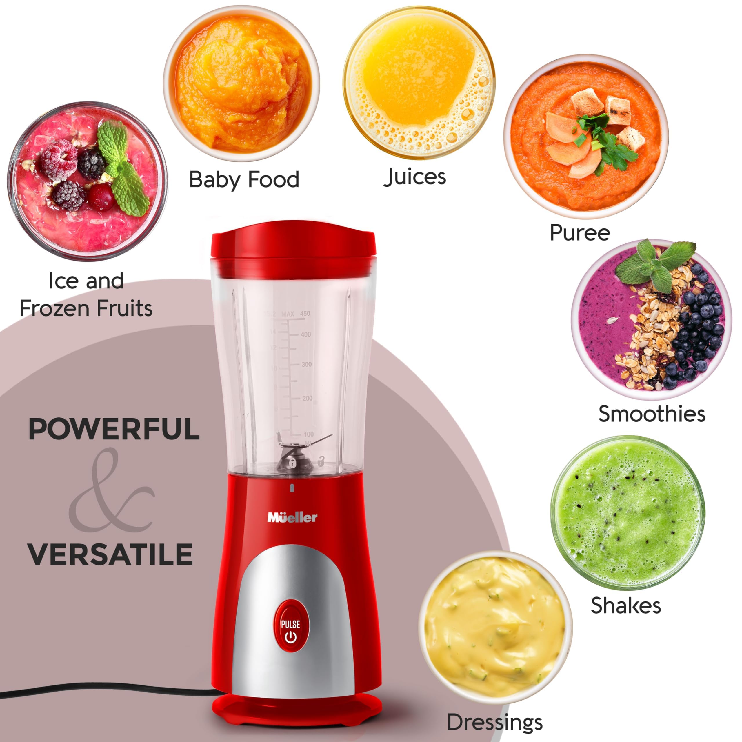 Mueller Smoothie Blender for Smoothies - Personal Blender for Shakes, Frozen Drinks, Baby Food & More, 15oz Travel Cup and Lid, Durable Stainless Steel Blades for Powerful Blending Performance, Black