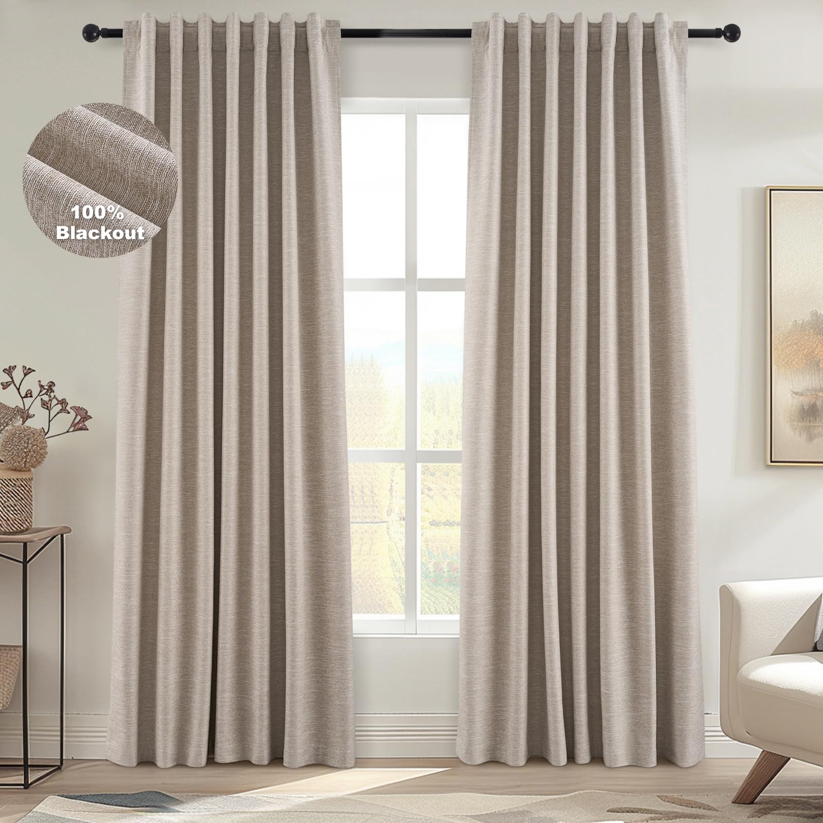 Topfinel Cream Linen Blackout Curtains 84 Inch Long for Bedroom Living Room, Ivory Pinch Pleat Back Tab Full Blackout Drapes Farmhouse Boho Curtains for Window, White Neutral Curtains 52" X 84" 7 FT