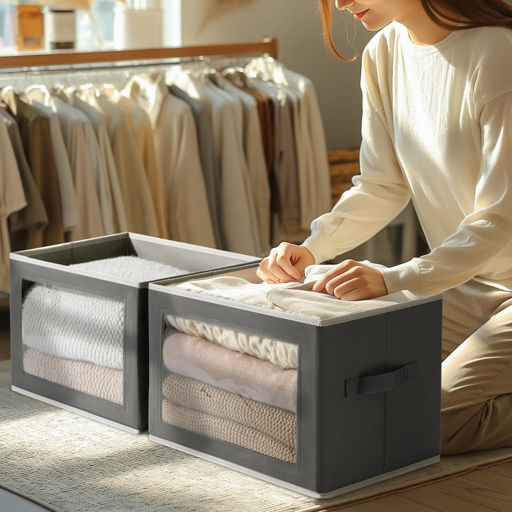 Homsorout Storage Bins with Lids - Fabric Closet Storage Bins with Window, Collapsible Baskets for Shelves 4 Pack, Home Decorative Boxes for Clothes, Closet, Office, Grey