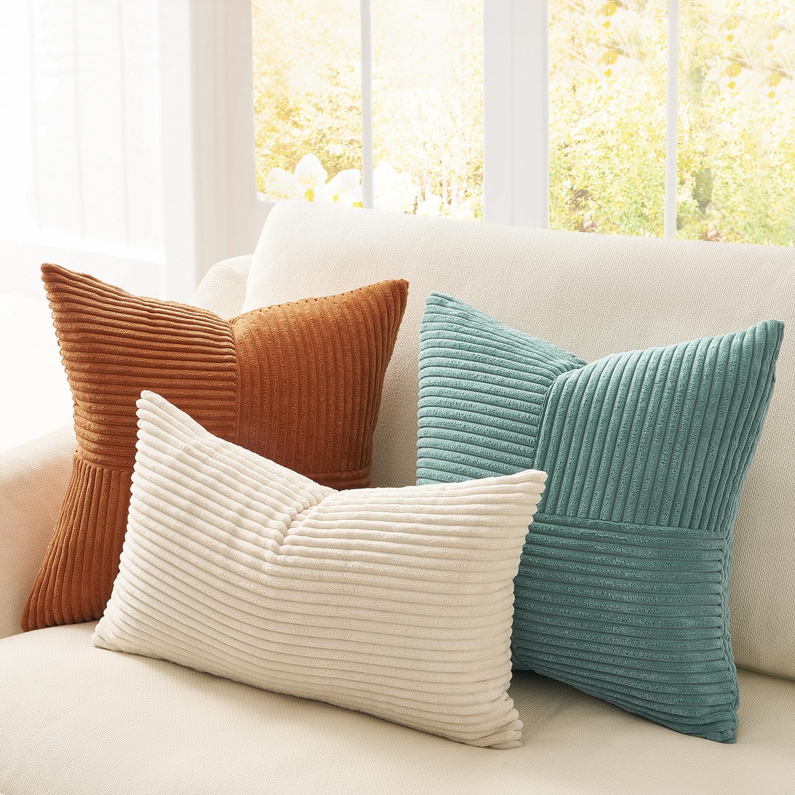 Topfinel SageGreen Throw Pillow Covers 18X18 Inch Set of 4,Boho Farmhouse Cozy Cushion Cover with Corduroy,Soft Accent Forest Green Pillow Covers for Couch,Bed,Living Room Home Decor