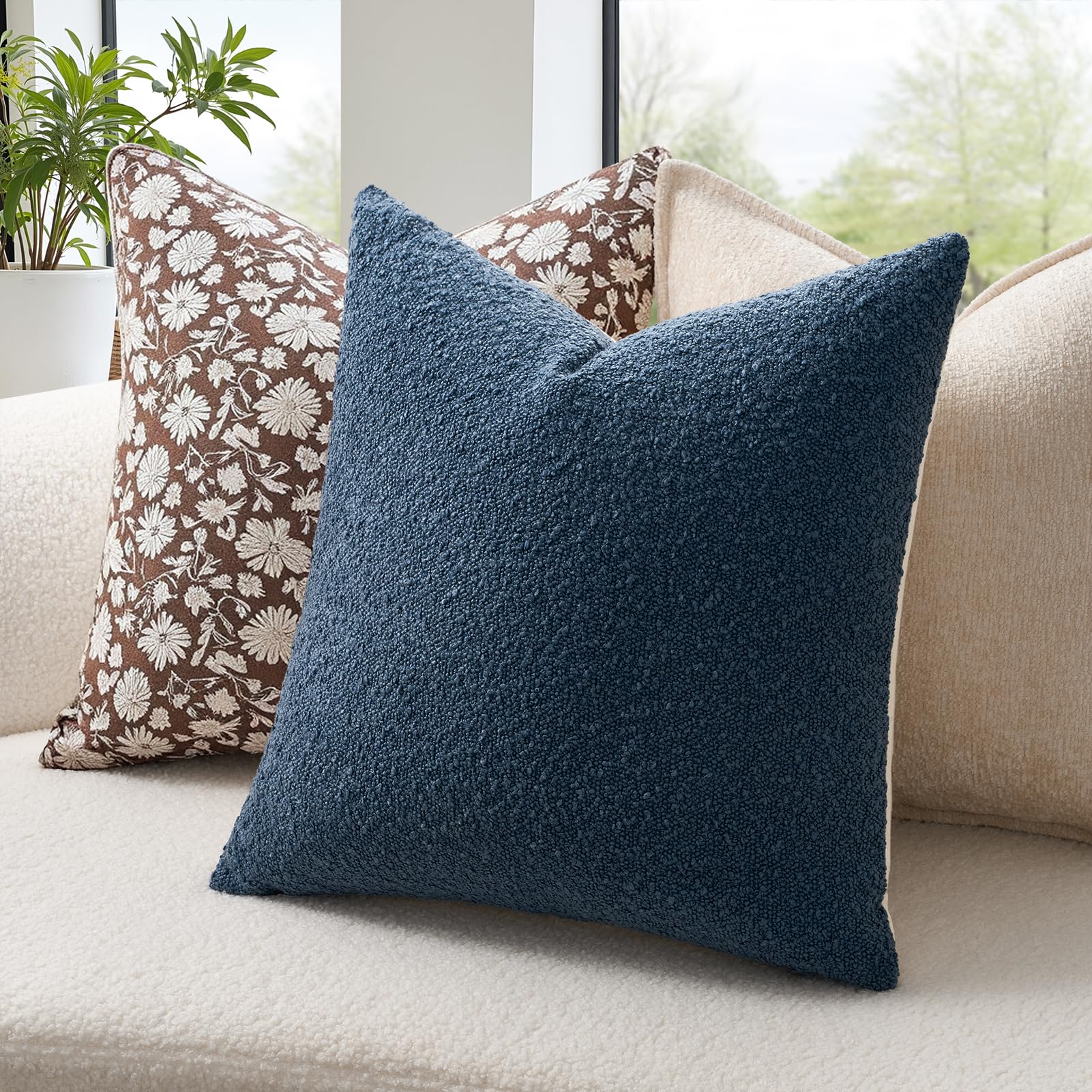 Topfinel Boucle Decorative Pillow Covers 18x18 Inches Set of 4 Neutral Cream Ivory White Pillowcase with Linen Cotton Back Chair Sofa Modern & Minimal Living Room Spring Home Decor