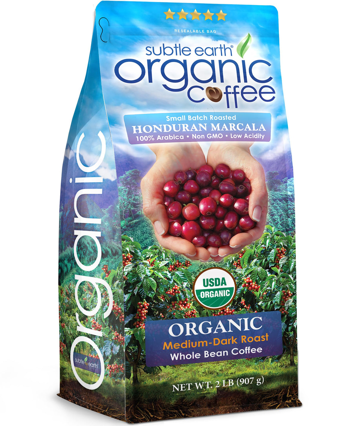 2LB Subtle Earth Organic Coffee - Dark Roast - Whole Bean Coffee - 100% Arabica Beans - Low Acidity and Non-GMO - 2lb bag