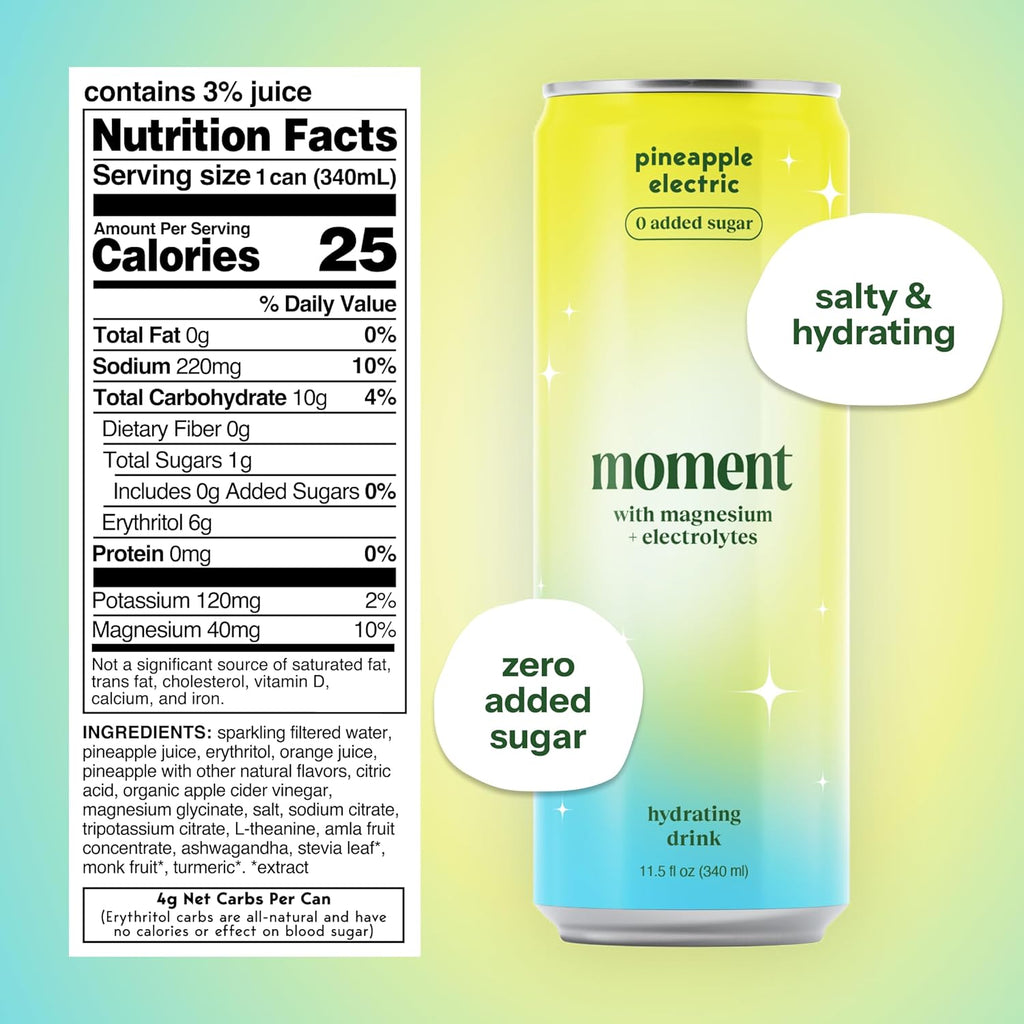 Moment Sparkling Electrolyte Drink (Pineapple) - Zero Added Sugar Electrolyte Drinks with Magnesium, Potassium, Sodium - Hydration Drinks with Electrolytes to Stay Hydrated and Recover Fast - 12 Pack