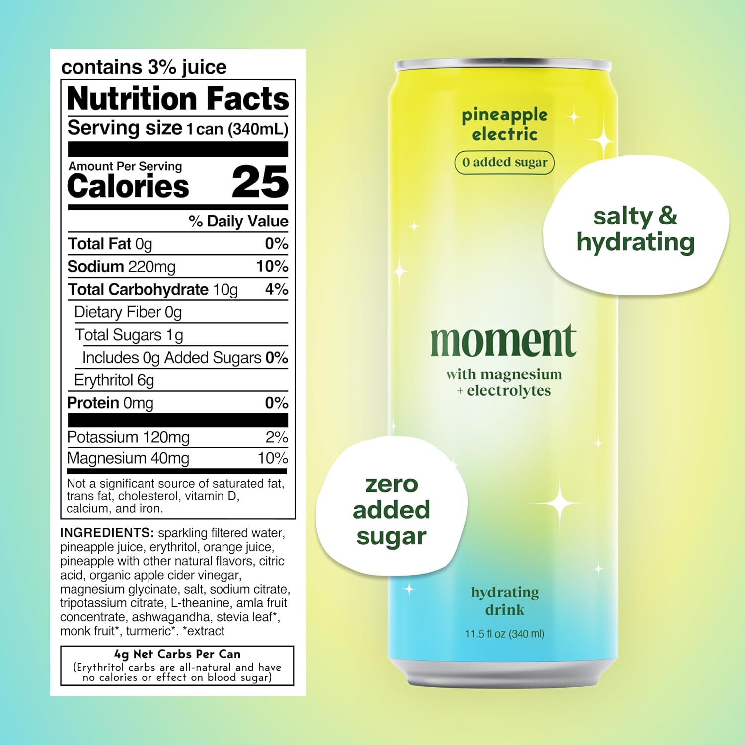 Moment Sparkling Electrolyte Drink (Pineapple) - Zero Added Sugar Electrolyte Drinks with Magnesium, Potassium, Sodium - Hydration Drinks with Electrolytes to Stay Hydrated and Recover Fast - 12 Pack