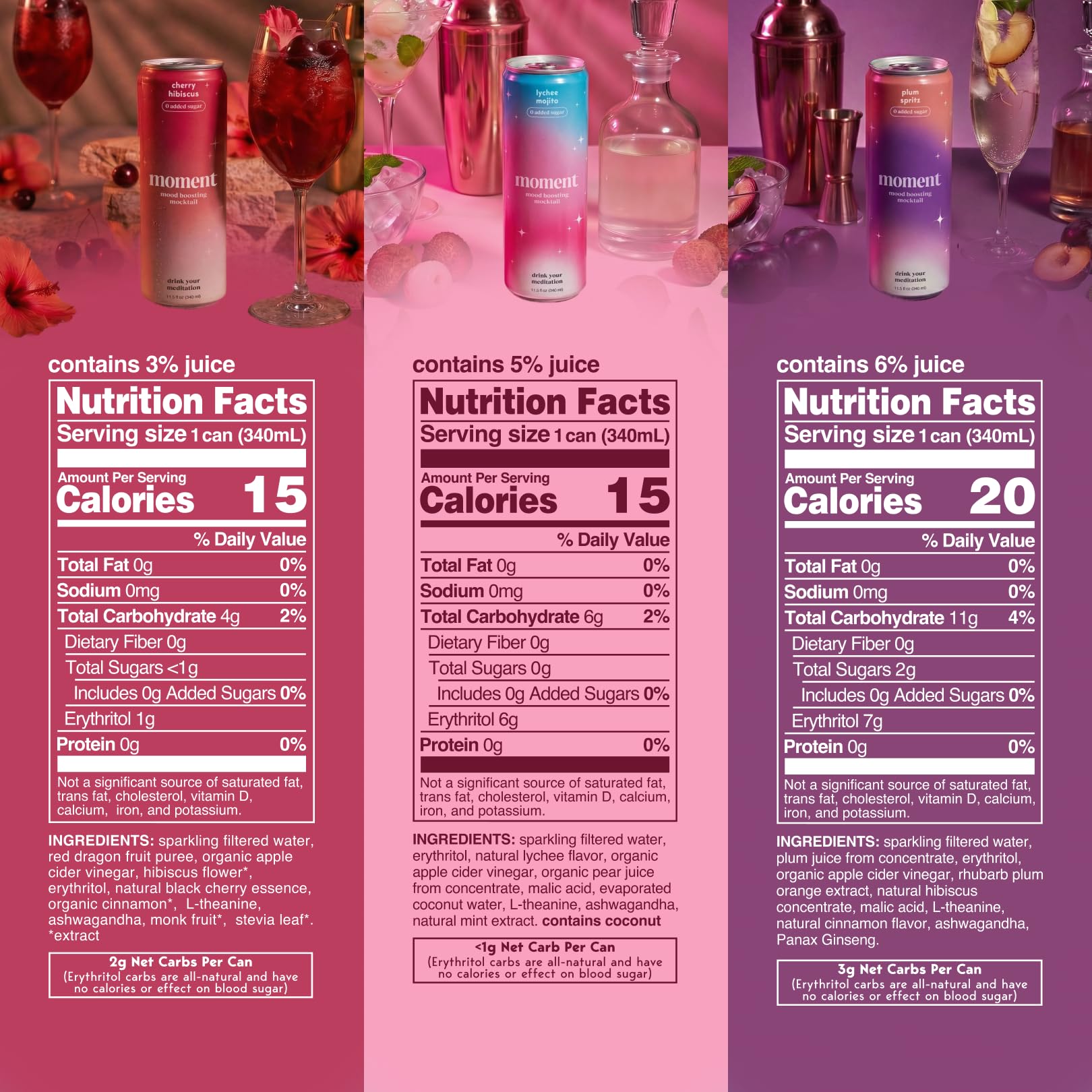 Moment Mocktails Non-Alcoholic Drinks (Shark Tank) - Calm, Clarity & Relaxation with L-Theanine & Ashwagandha - Sparkling Adaptogen Drink - 0 Sugar 0 Caffeine - 12 Pack 11.5 fl oz - Classics