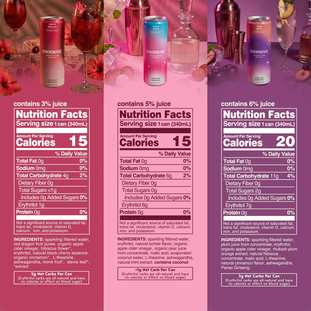 Moment Mocktails Non-Alcoholic Drinks (Shark Tank) - Calm, Clarity & Relaxation with L-Theanine & Ashwagandha - Sparkling Adaptogen Drink - 0 Sugar 0 Caffeine - 12 Pack 11.5 fl oz - Classics