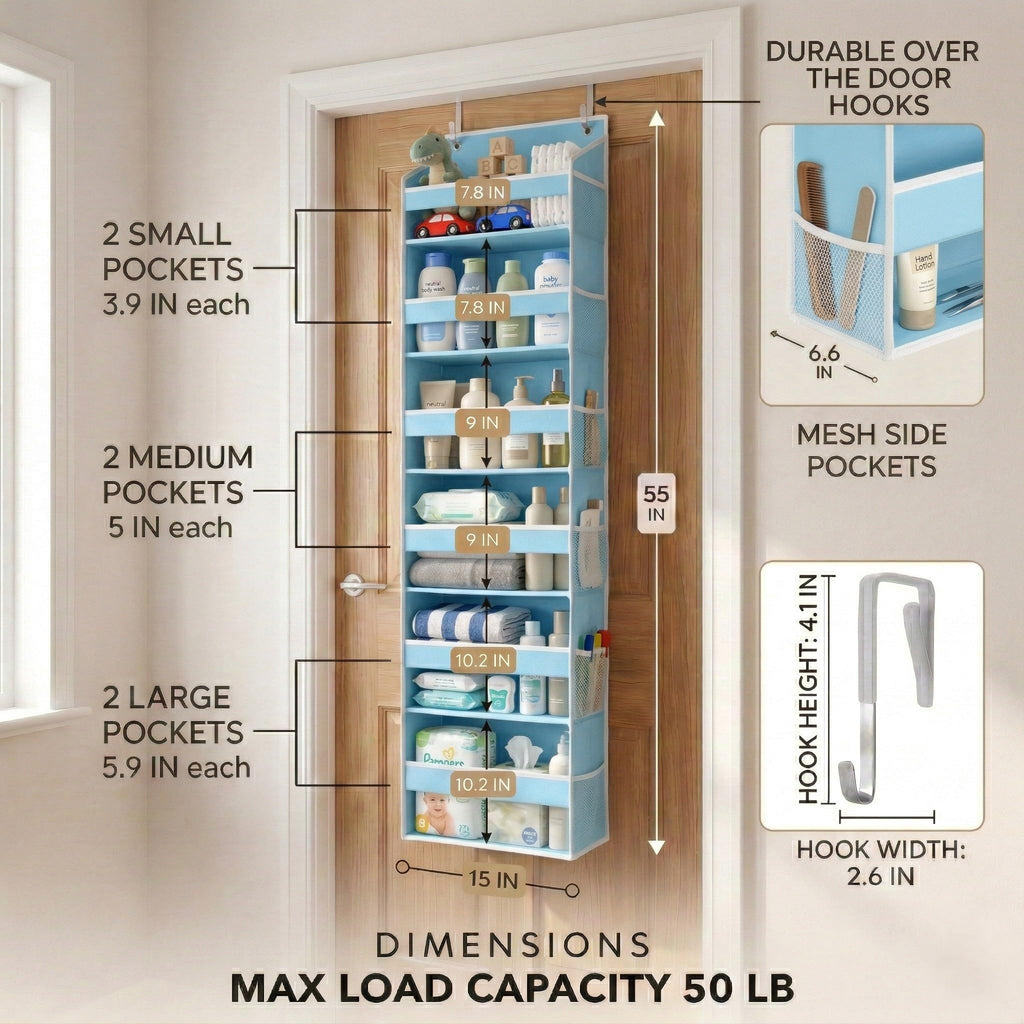 HOMELUX THEORY UPGRADED 6 Tiers Over The Door Organizer Hanging - 100D EXTRA THICK & 50lbs HUGE CAPACITY, 12 Side Mesh Pockets Over The Door Shoe Organizer, Hanging Closet Organizer (Ivory, 1pc)