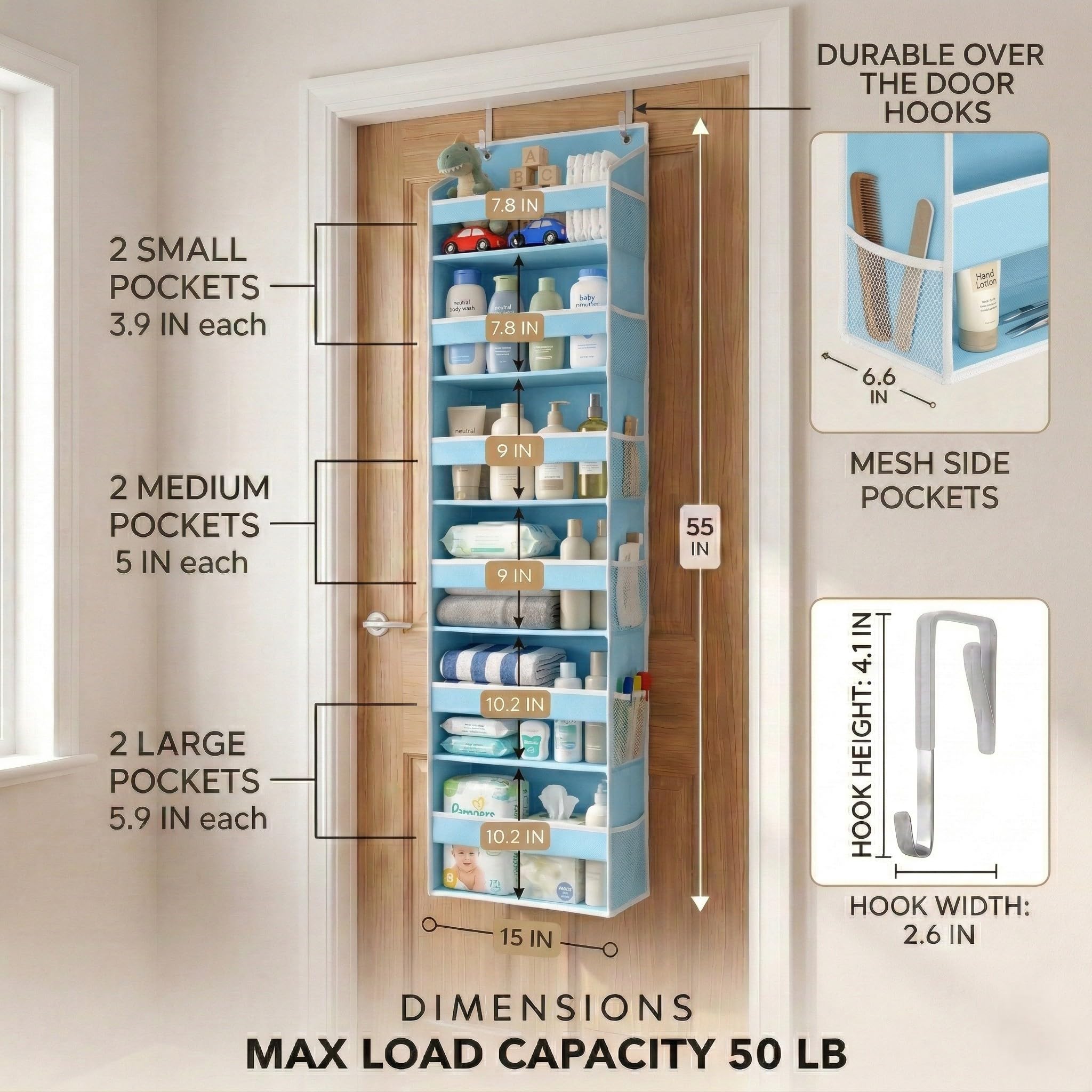 HOMELUX THEORY UPGRADED 6 Tiers Over The Door Organizer Hanging - 100D EXTRA THICK & 50lbs HUGE CAPACITY, 12 Side Mesh Pockets Over The Door Shoe Organizer, Hanging Closet Organizer (Ivory, 1pc)