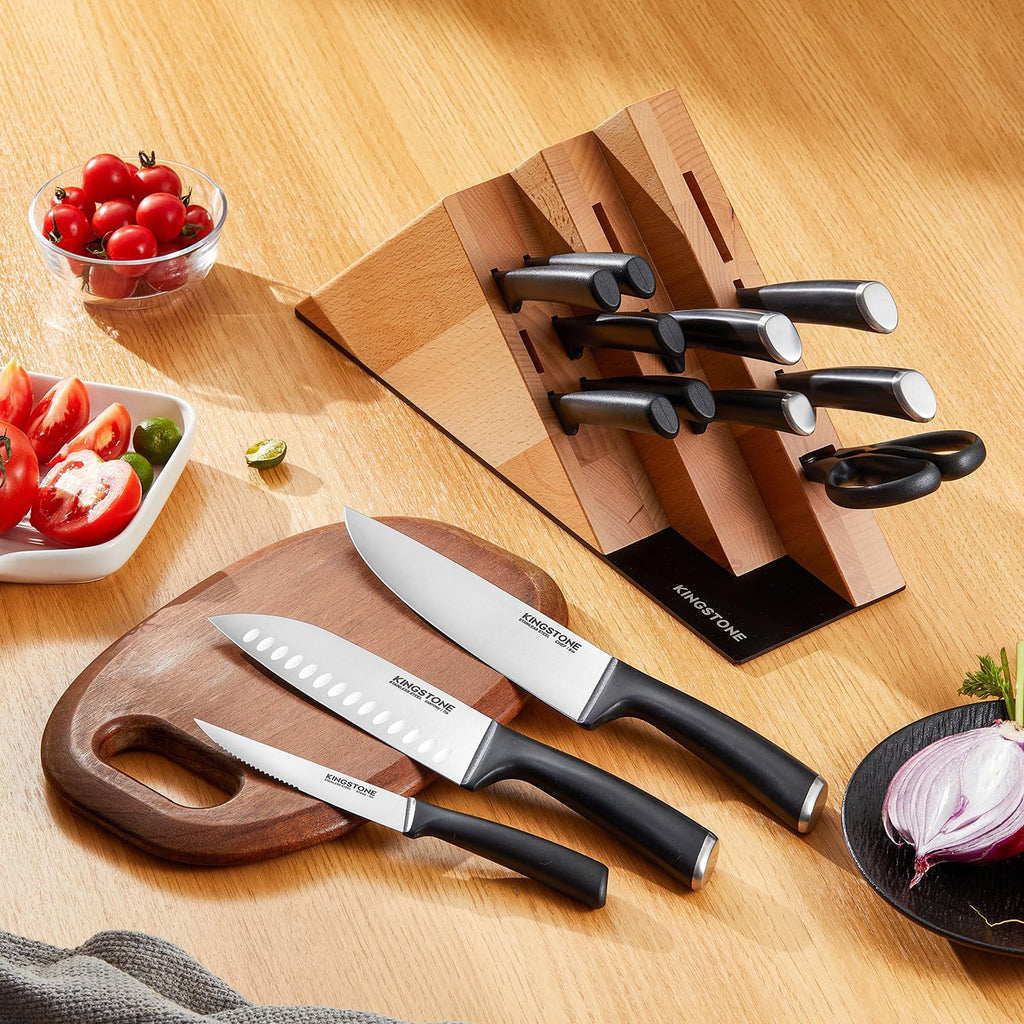 KINGSTONE 14-Piece Kitchen Knife Set with Block, High-Carbon Stainless Steel Knives Set, Ergonomic Non-Slip Handle, Professional Knife Set for Kitchen for Home Cooking & Gifting, Walnut