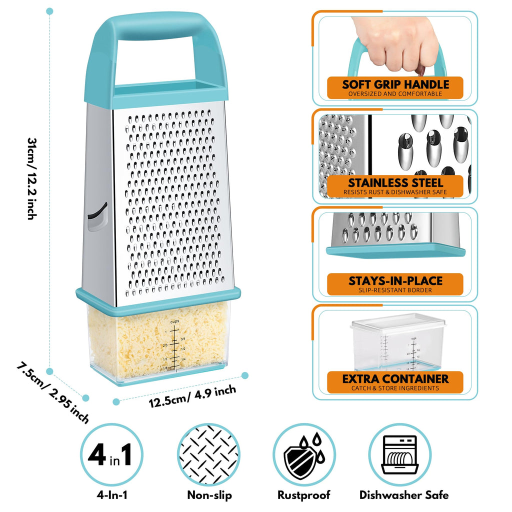 Urbanstrive Cheese Grater With Container Box Grater Stainless Steel Graters for Kitchen Cheese Shredder Parmesan Shredder Kitchen Gadgets Kitchen Tools Kitchen Gifts for Chef Dishwasher Safe Zester
