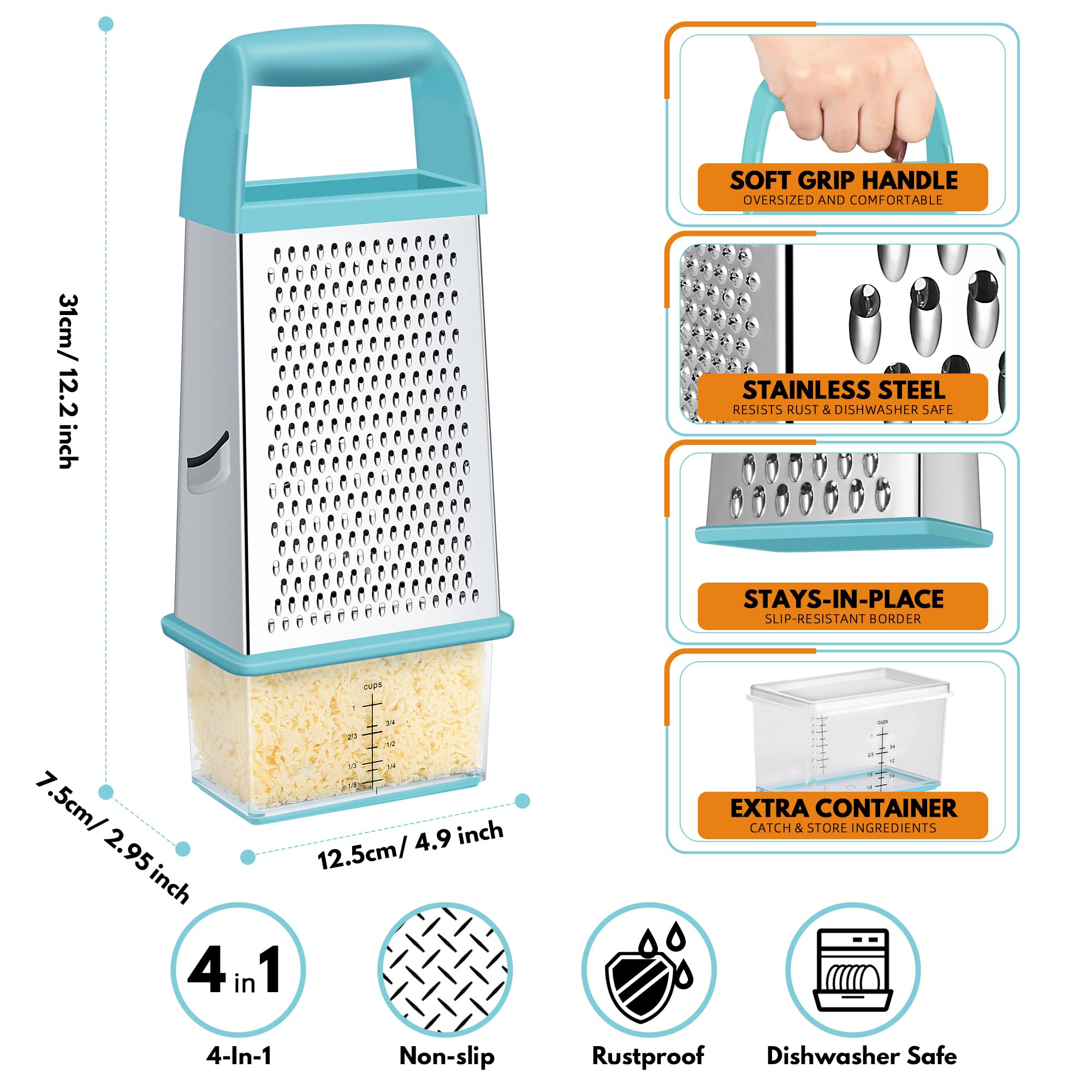 Urbanstrive Cheese Grater With Container Box Grater Stainless Steel Graters for Kitchen Cheese Shredder Parmesan Shredder Kitchen Gadgets Kitchen Tools Kitchen Gifts for Chef Dishwasher Safe Zester