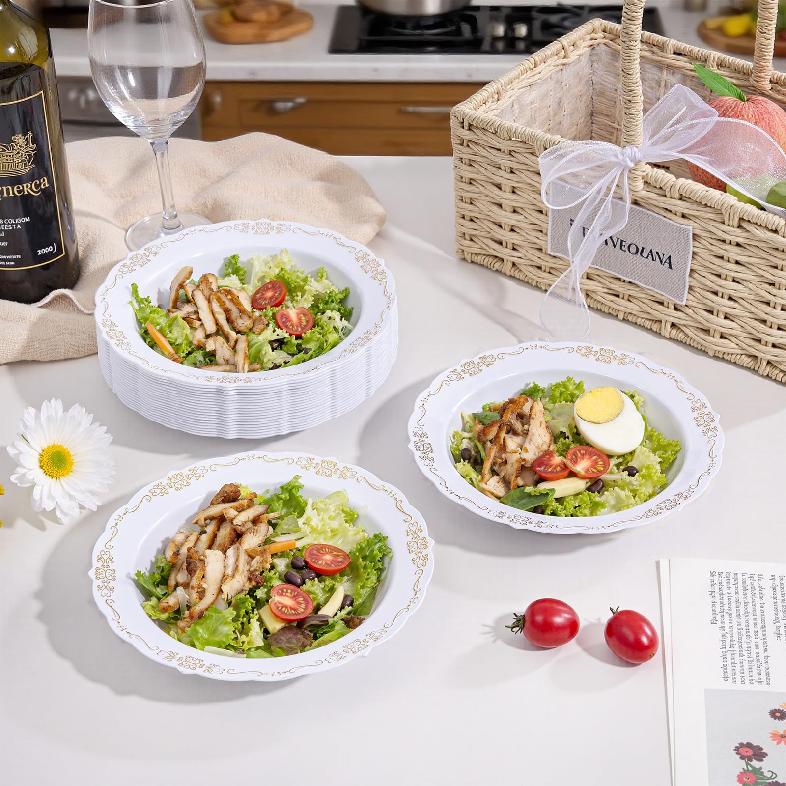 DaYammi 50 Pack White Plastic Bowls, 12oz Disposable Soup Bowls, White bowls Disposable Heavy Duty Dinner Bowls for Weddings, Salad Bowl for Parties, Dinners, Catering and Everyday Use